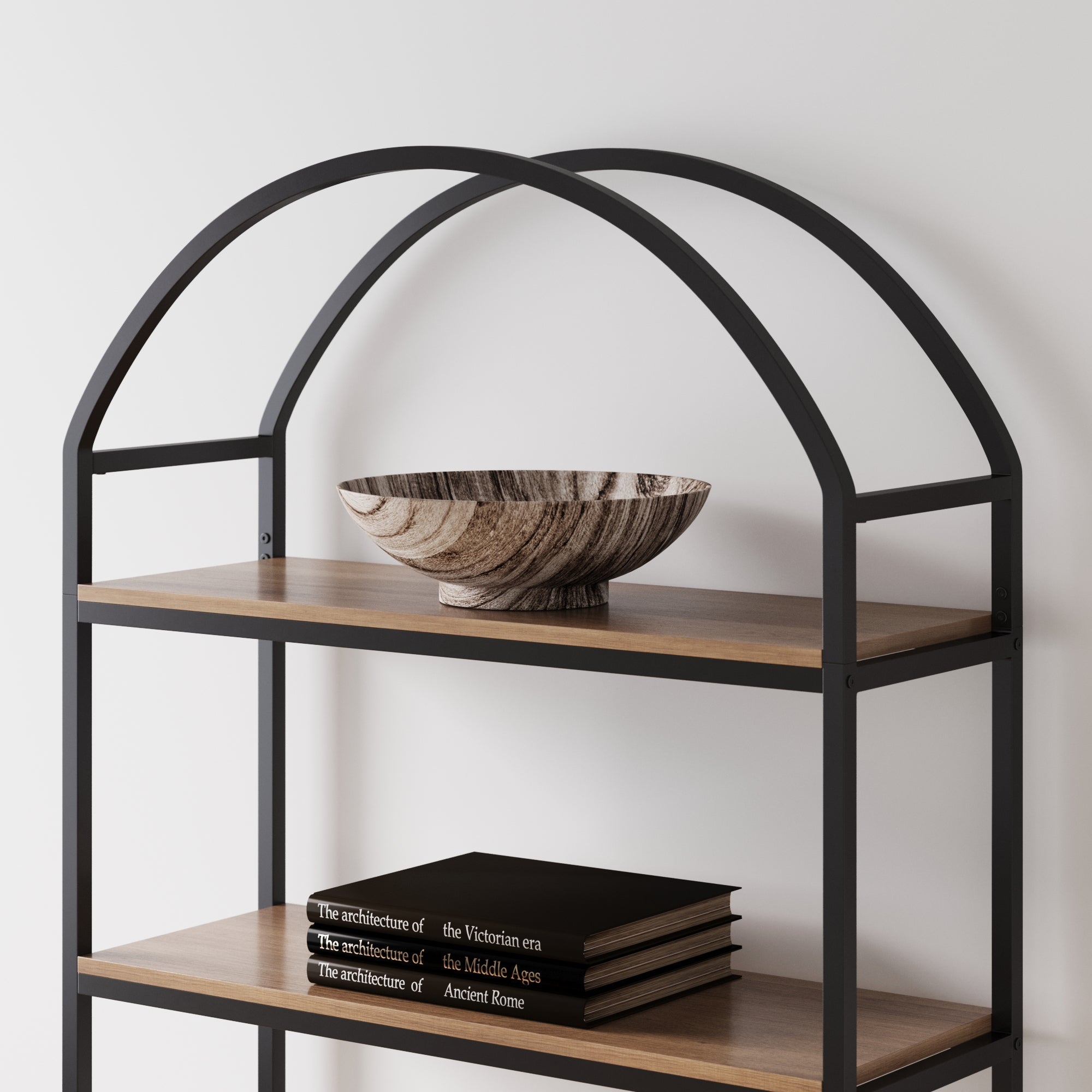 Étagère bibliothèque arquée 5 niveaux en bois et métal, chêne
