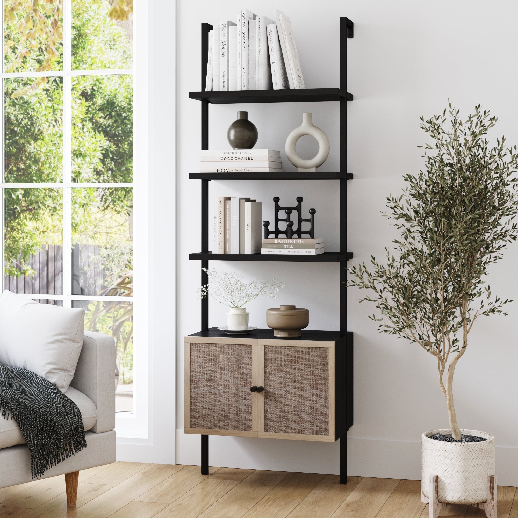 Étagère de rangement en rotin avec portes noire
