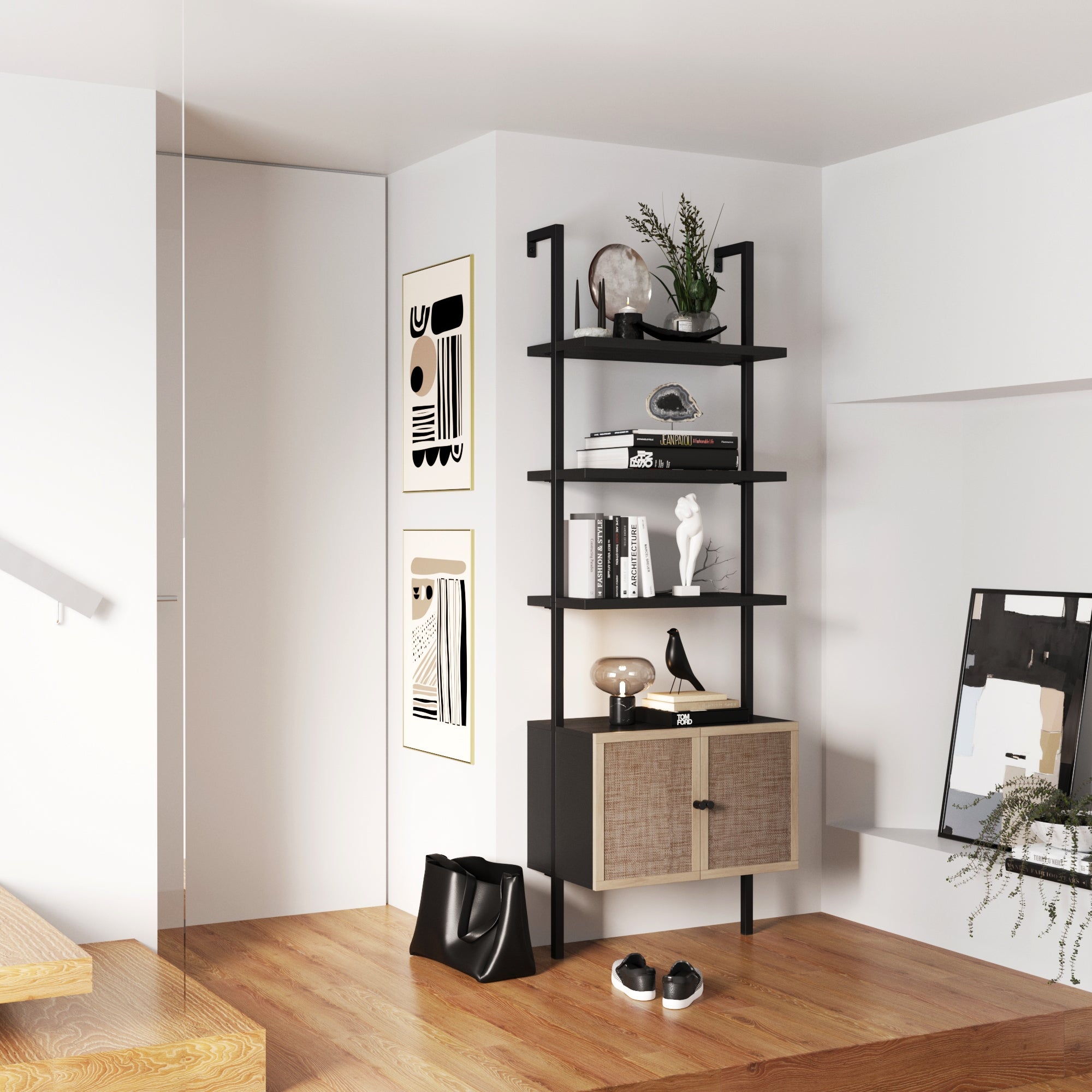 Étagère de rangement en rotin avec portes noire