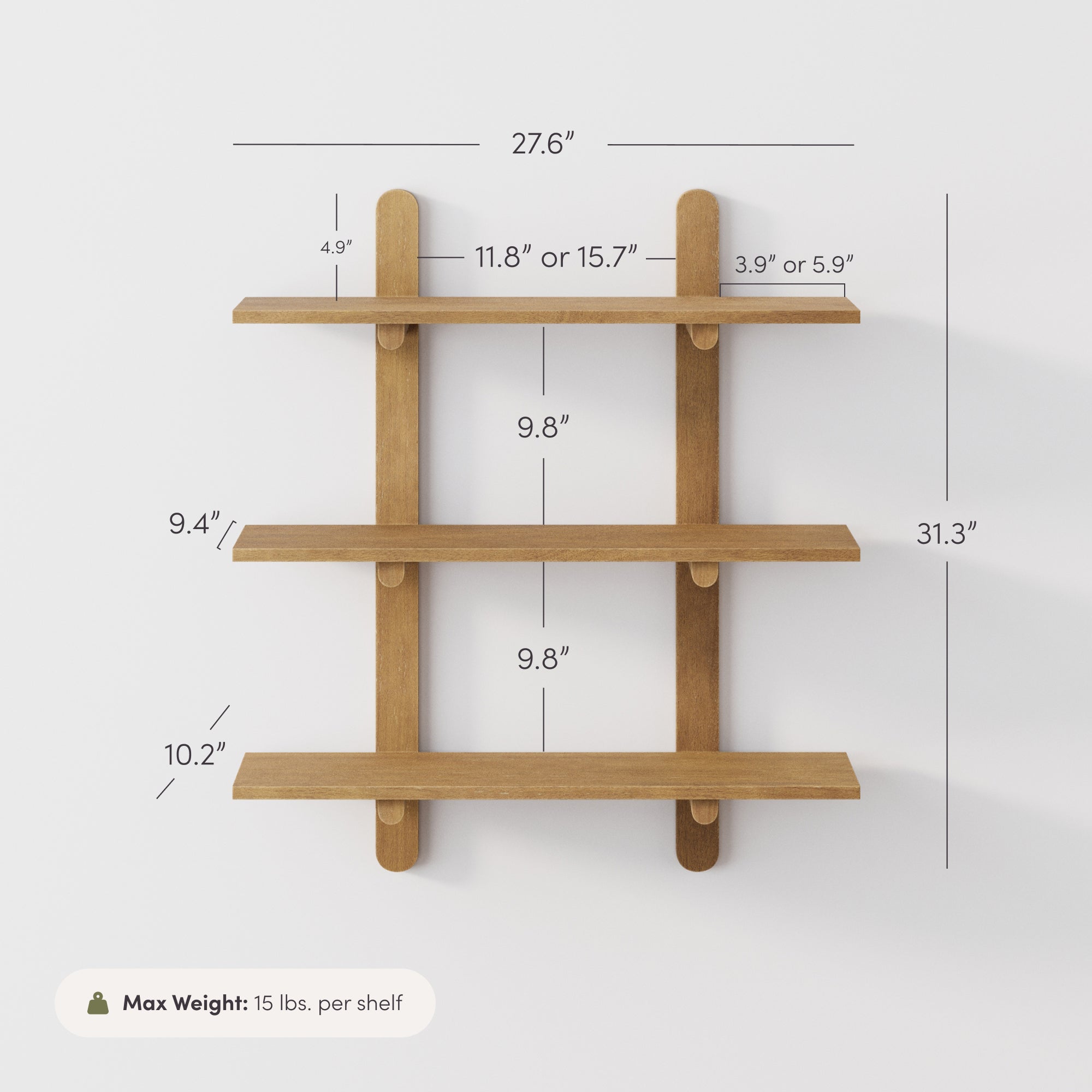 Étagère murale à 3 niveaux en bois brun clair, style Mid-Century Modern