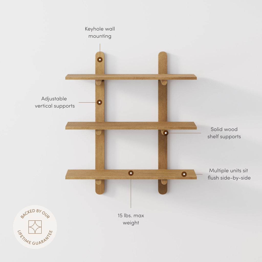 Étagère murale à 3 niveaux en bois brun clair, style Mid-Century Modern