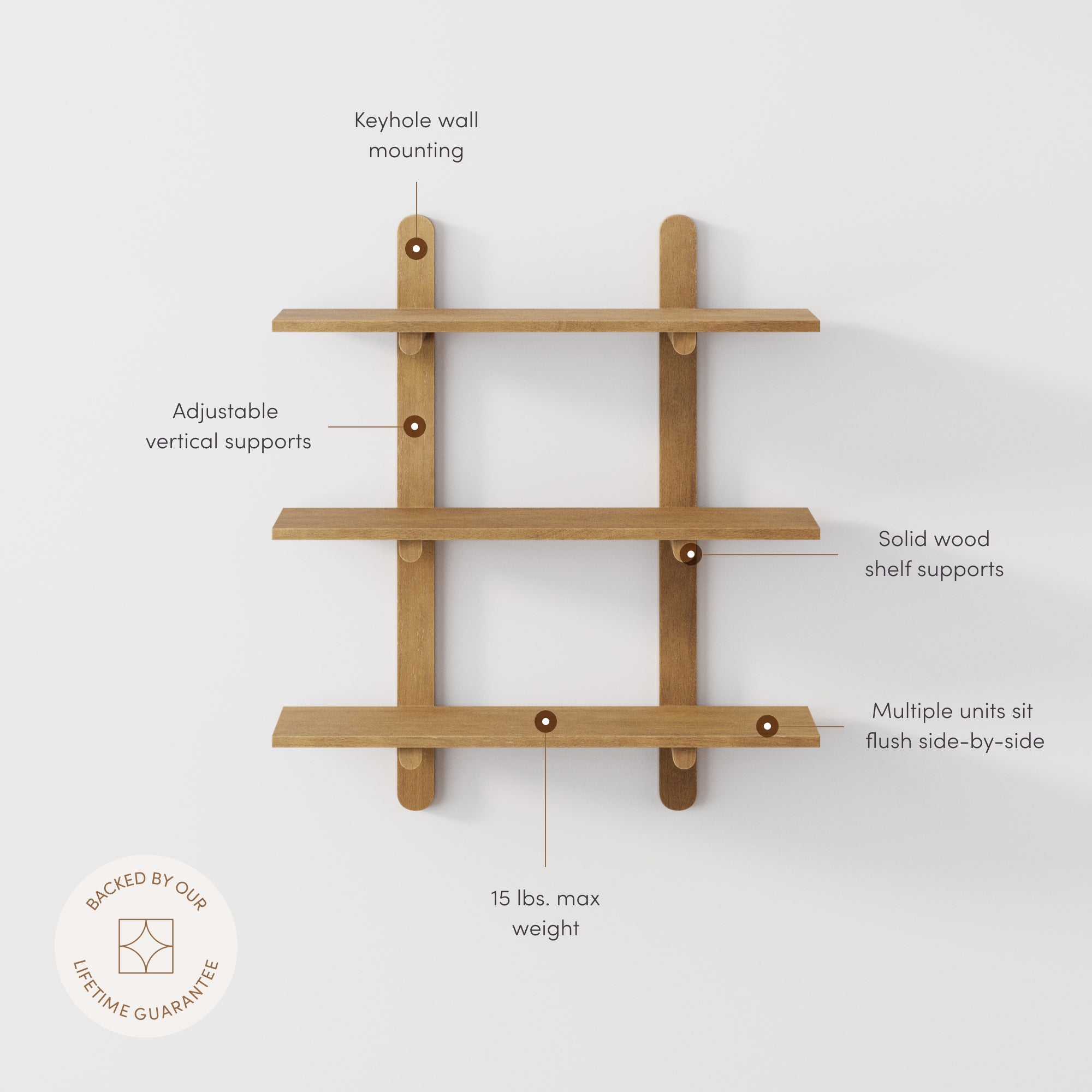 Étagère murale à 3 niveaux en bois brun clair, style Mid-Century Modern
