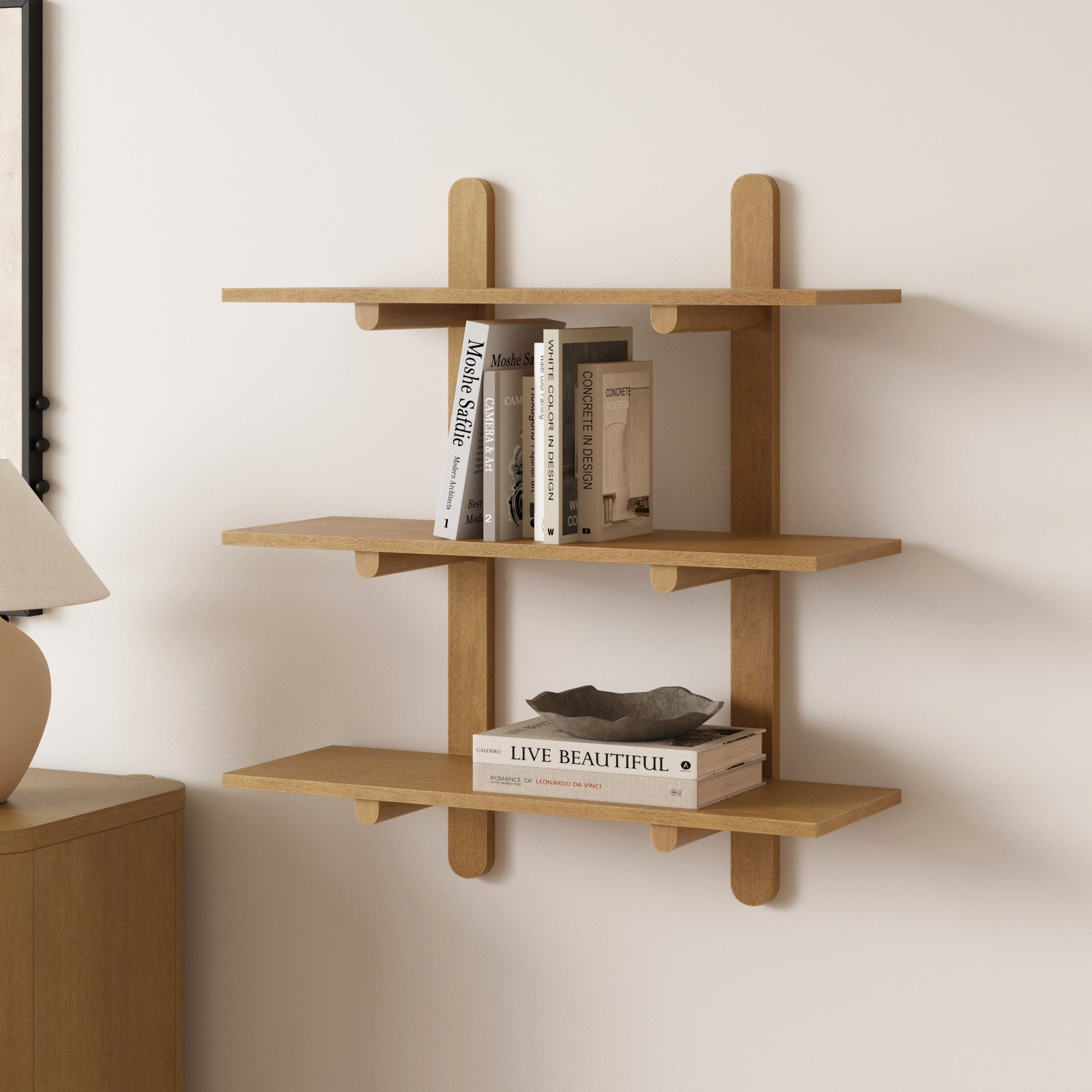 Étagère murale à 3 niveaux en bois brun clair, style Mid-Century Modern