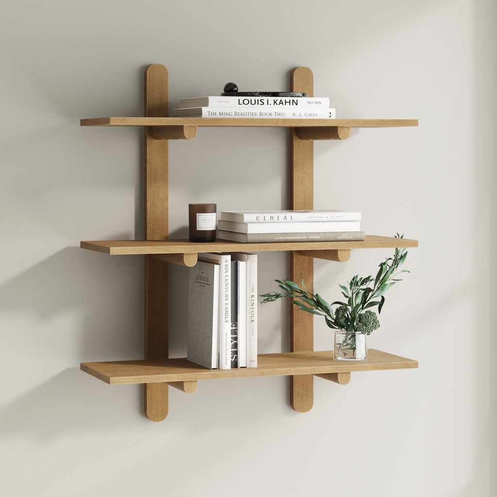 Étagère murale à 3 niveaux en bois brun clair, style Mid-Century Modern