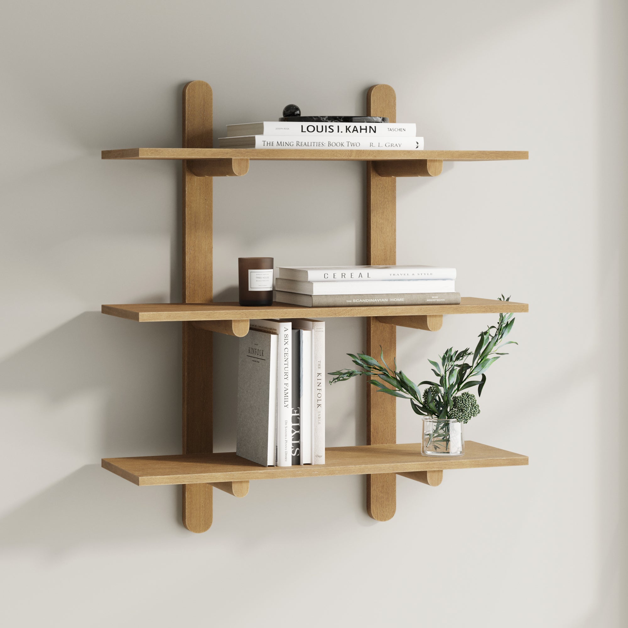 Étagère murale à 3 niveaux en bois brun clair, style Mid-Century Modern
