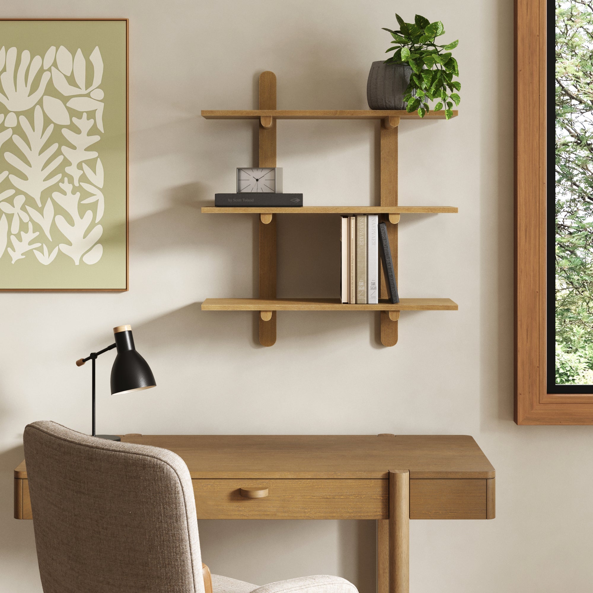 Étagère murale à 3 niveaux en bois brun clair, style Mid-Century Modern