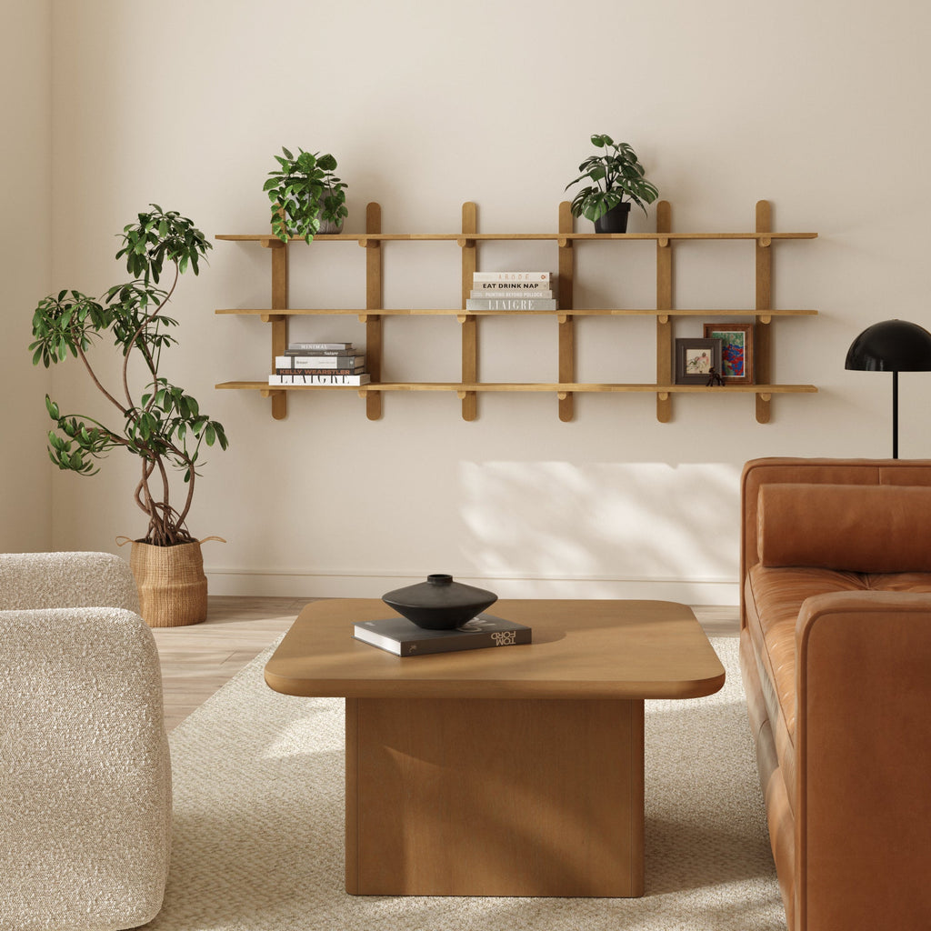 Étagère murale à 3 niveaux en bois brun clair, style Mid-Century Modern
