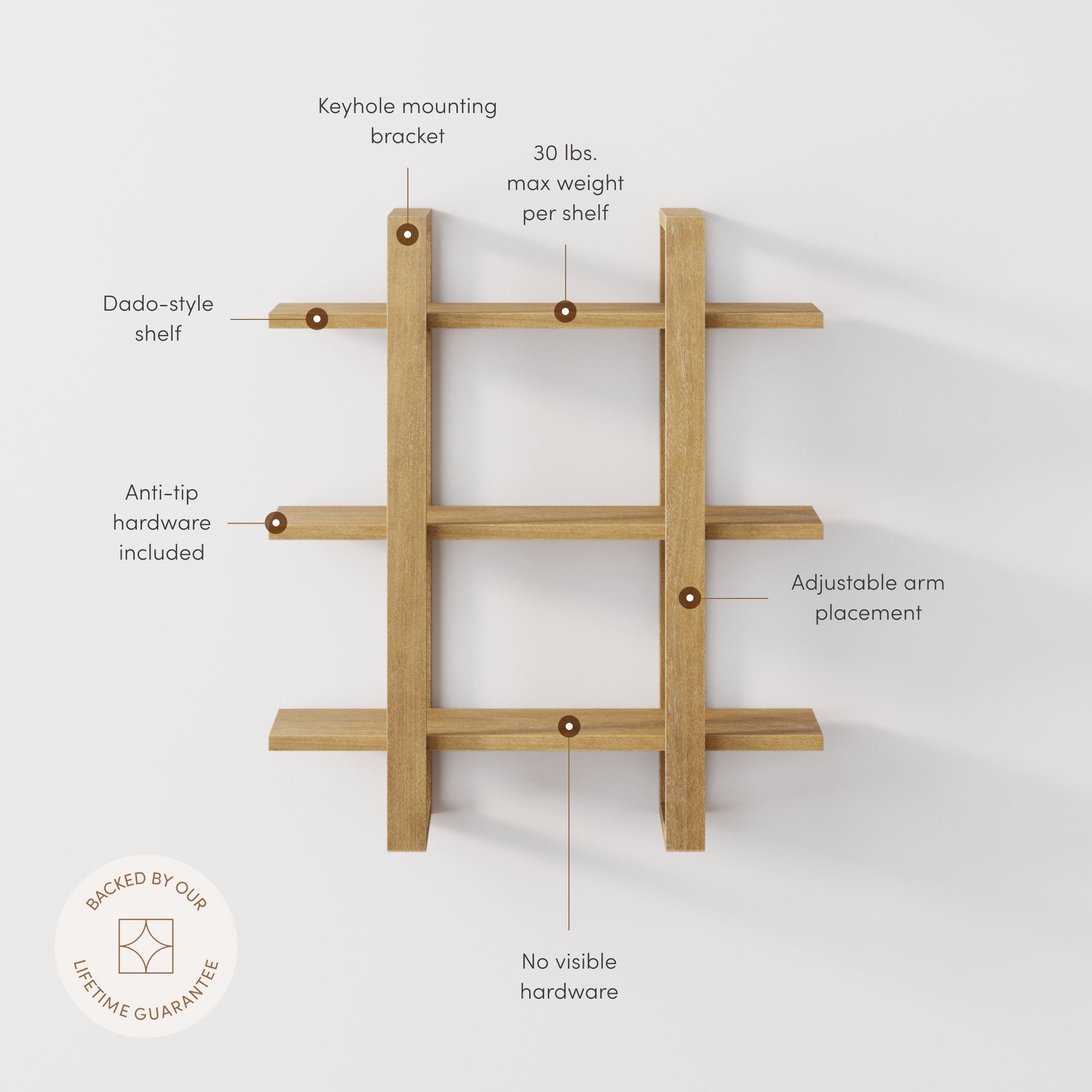Étagère murale flottante modulaire en bois massif marron clair