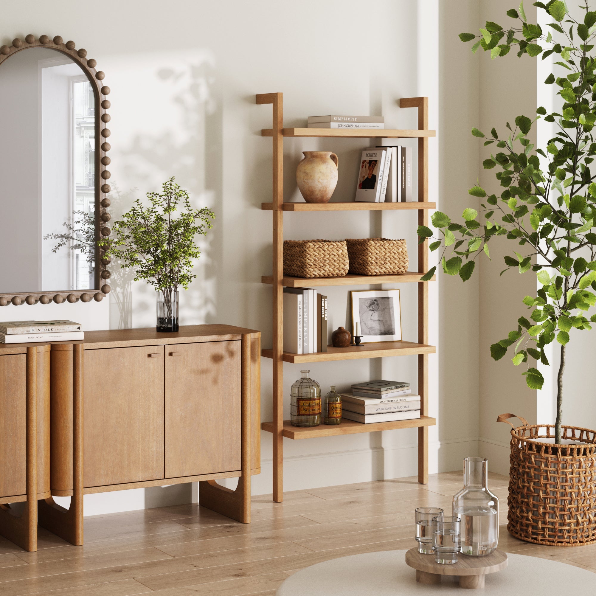 Étagère murale échelle en bois à 5 niveaux pin chaleureux