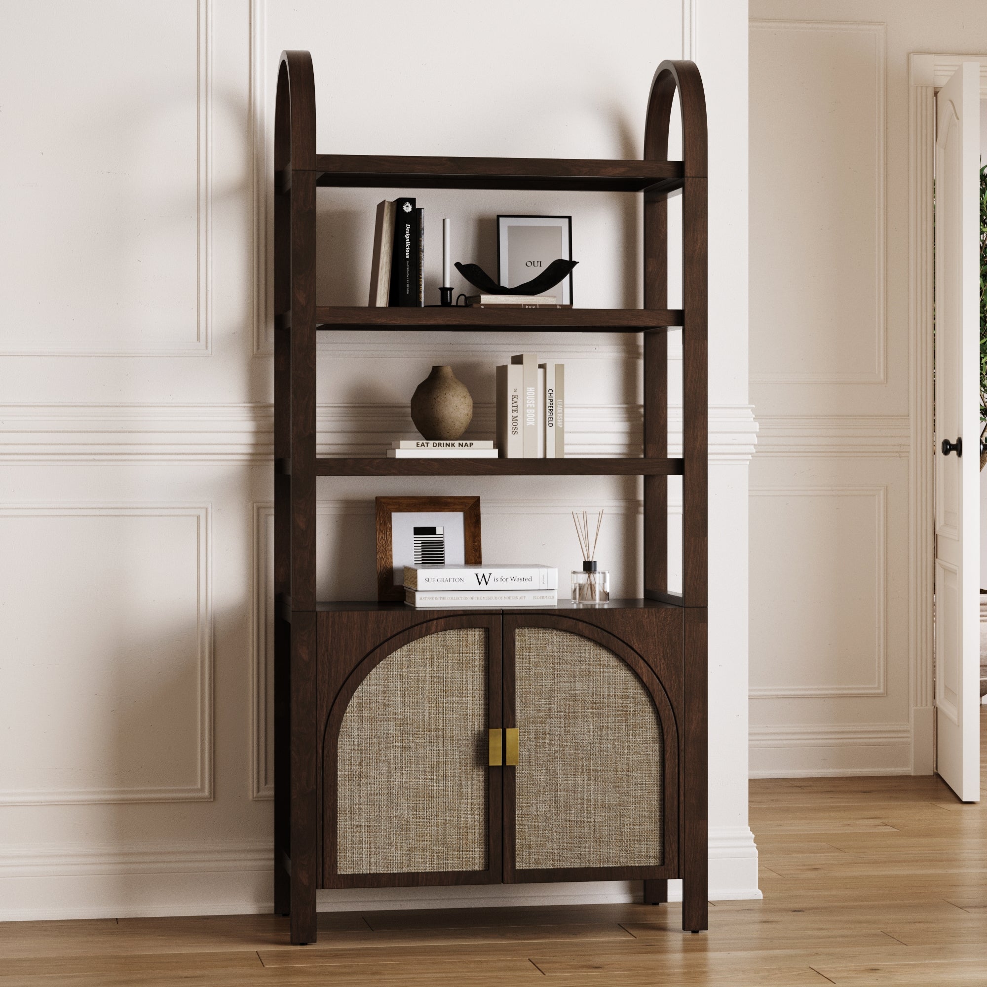Étagère en rotin avec portes et arche en acacia foncé