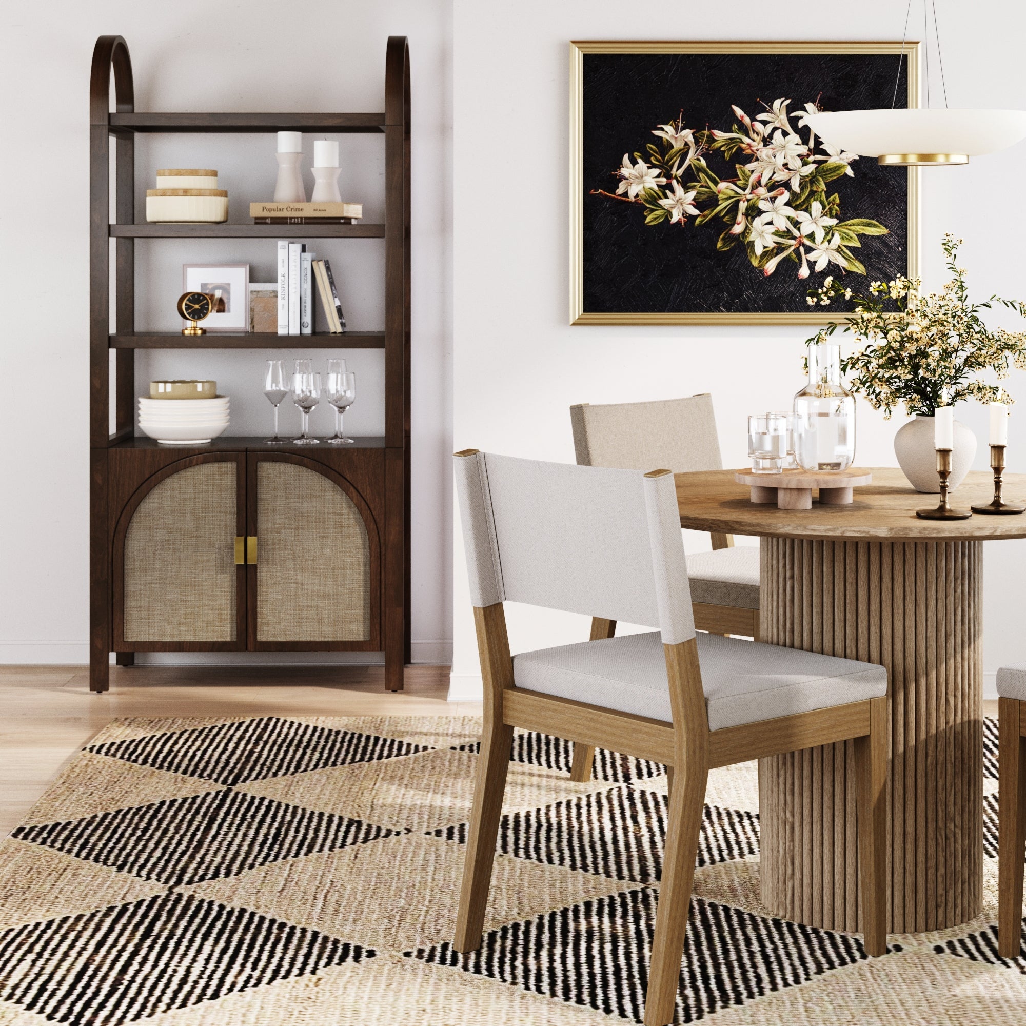 Étagère en rotin avec portes et arche en acacia foncé