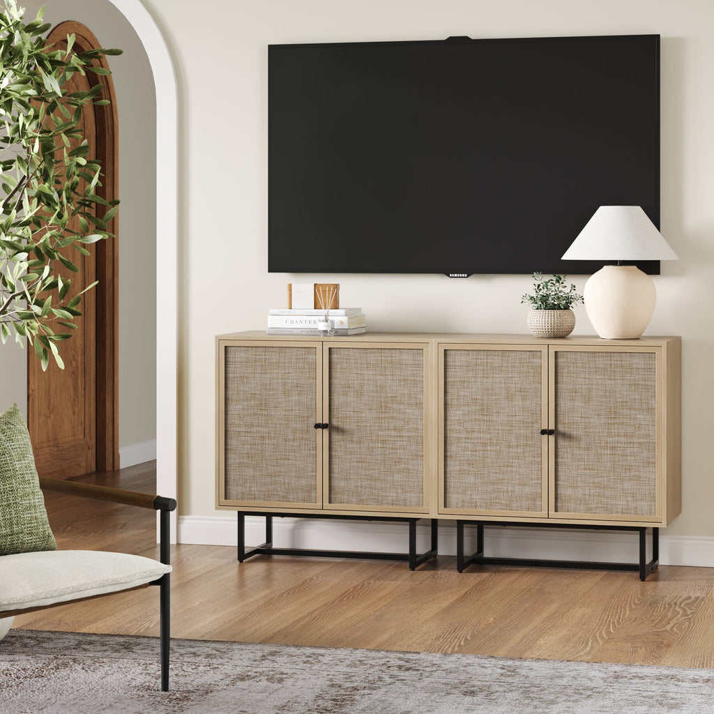 Meuble TV console en métal et rotin pour téléviseurs jusqu'à 65 pouces Chêne clair