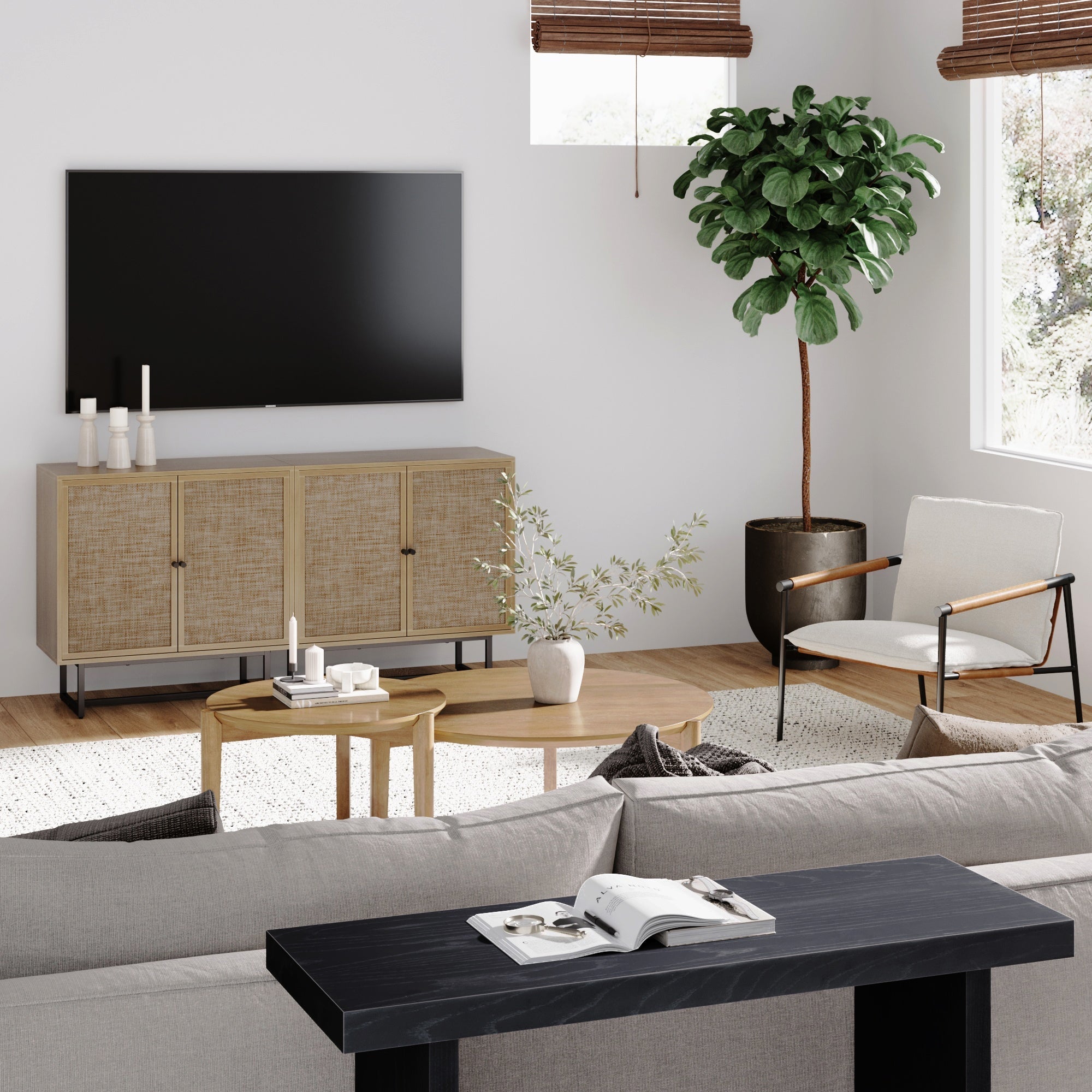 Meuble TV console en métal et rotin pour téléviseurs jusqu'à 65 pouces Chêne clair
