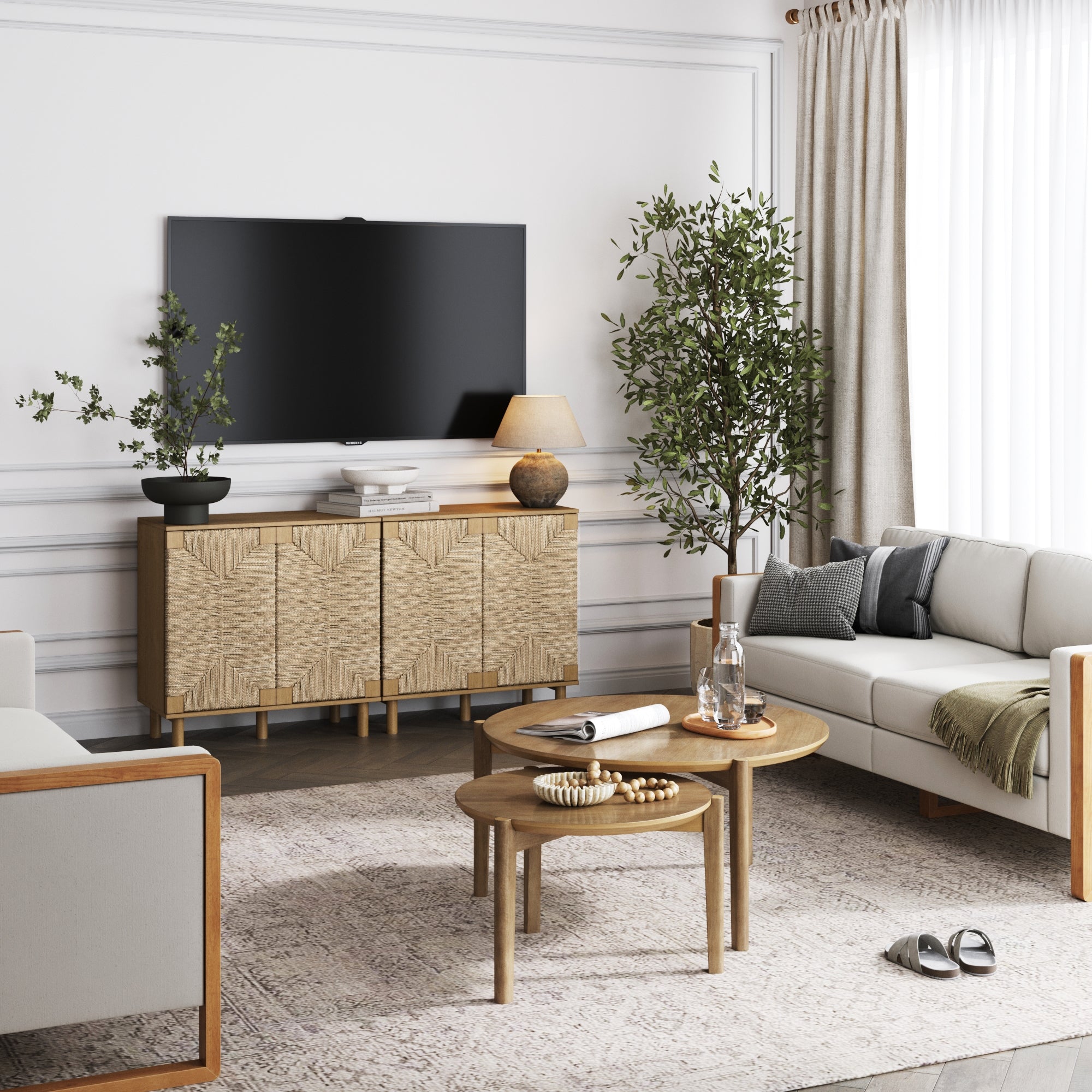 Meuble TV en bois pour téléviseurs jusqu'à 65 pouces avec portes en jonc de mer marron clair