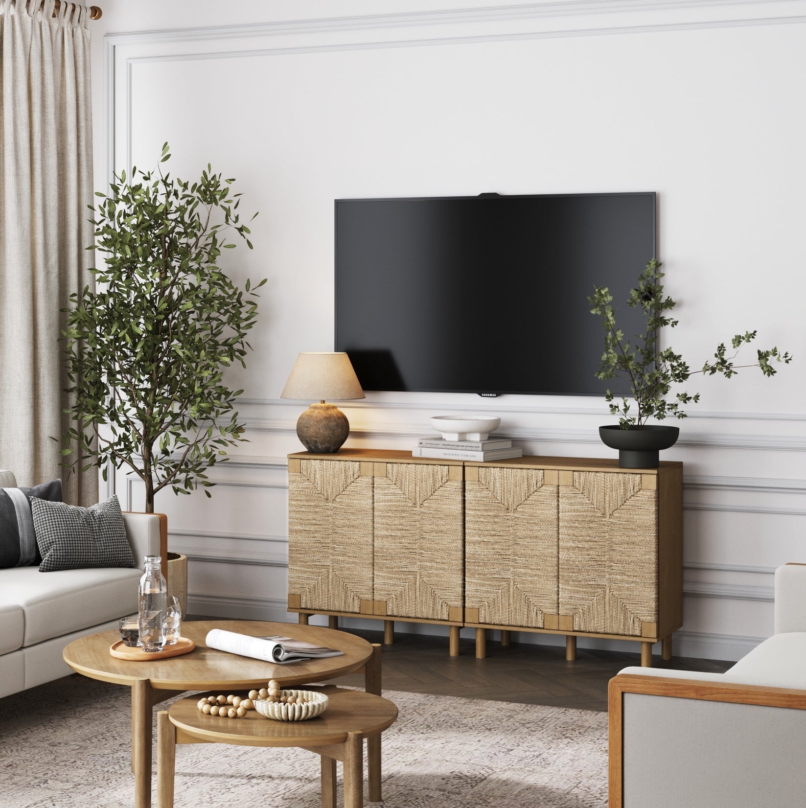 Meuble TV en bois pour téléviseurs jusqu'à 65 pouces avec portes en jonc de mer marron clair
