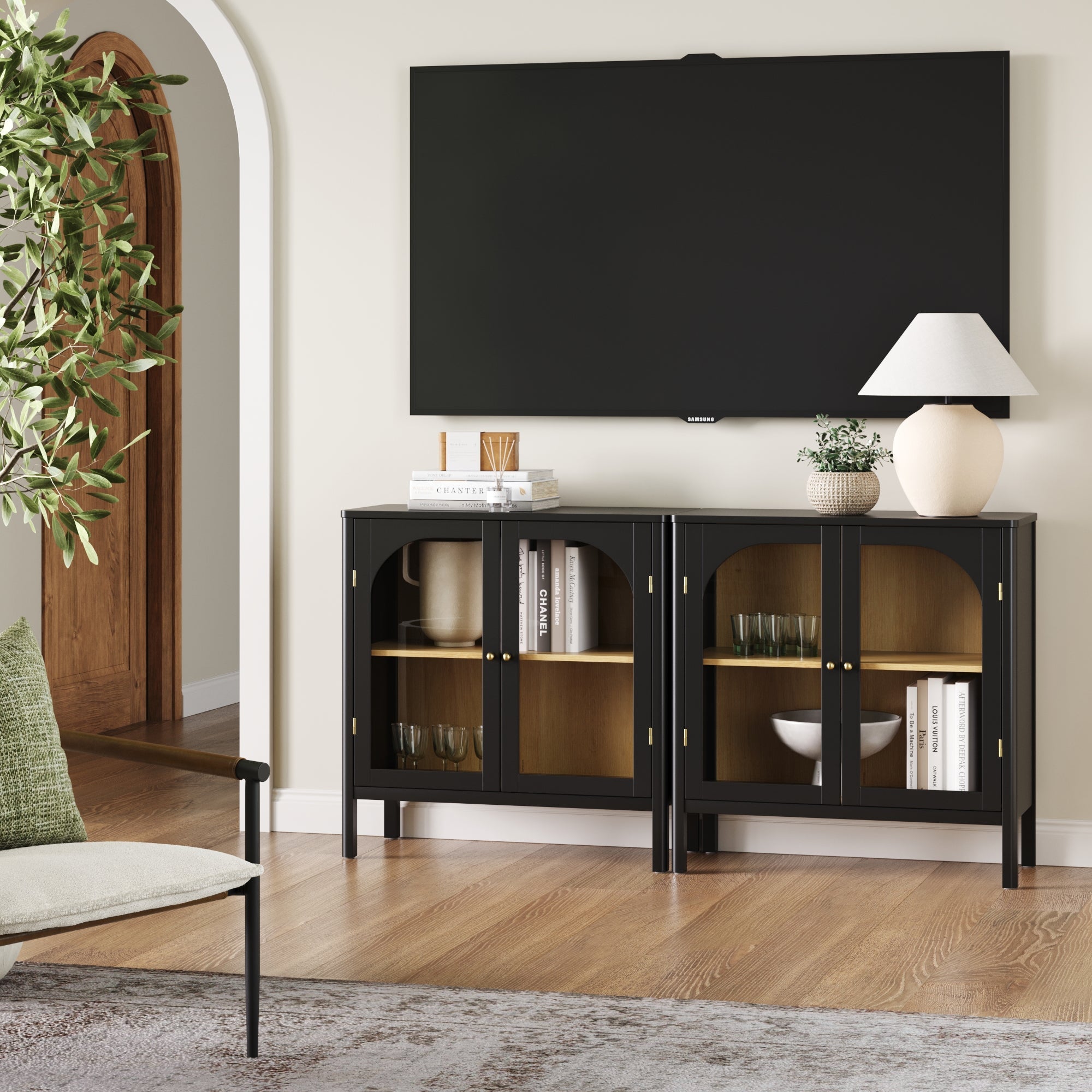 Meuble TV avec portes vitrées cintrées pour téléviseurs jusqu'à 65 pouces, noir