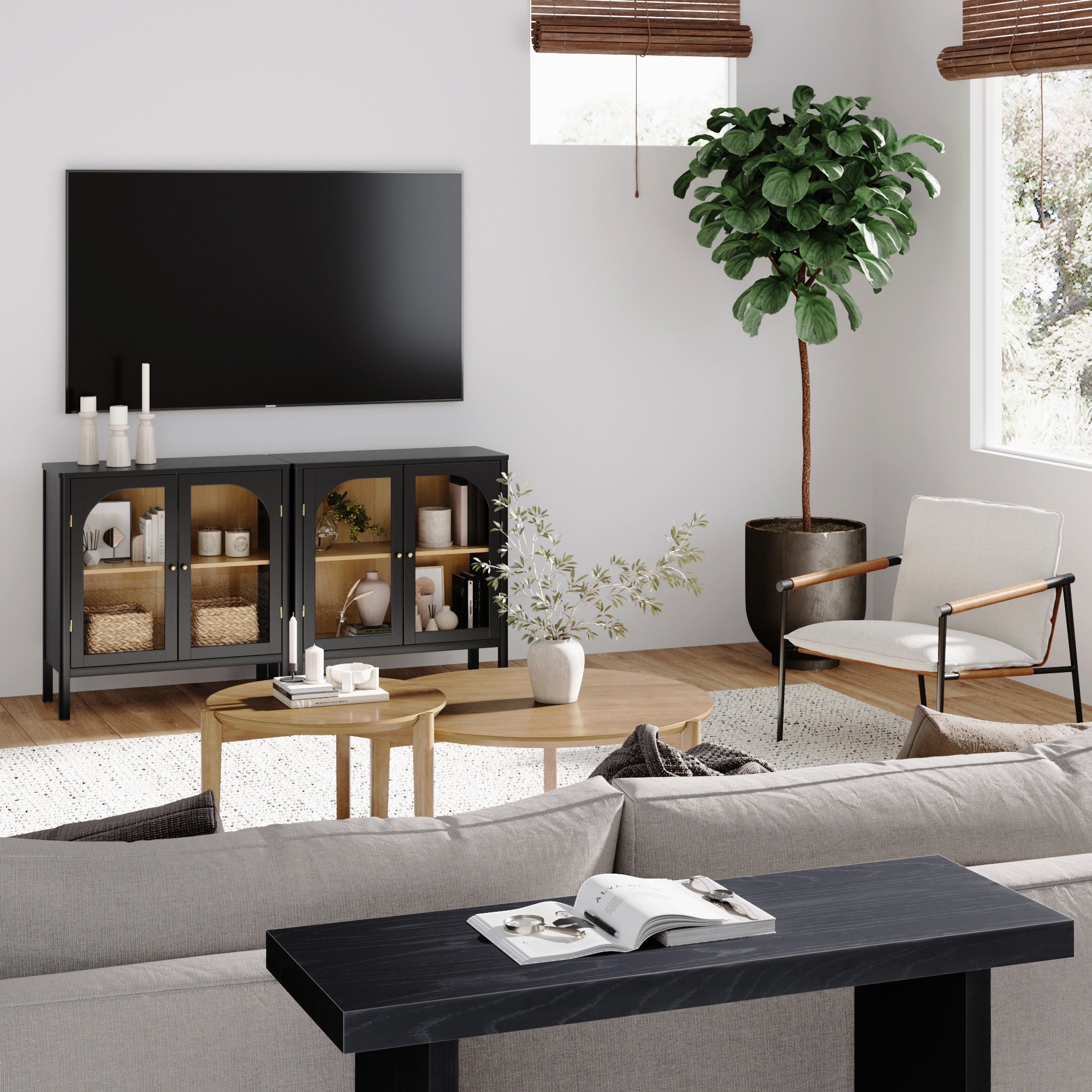 Meuble TV avec portes vitrées cintrées pour téléviseurs jusqu'à 65 pouces, noir