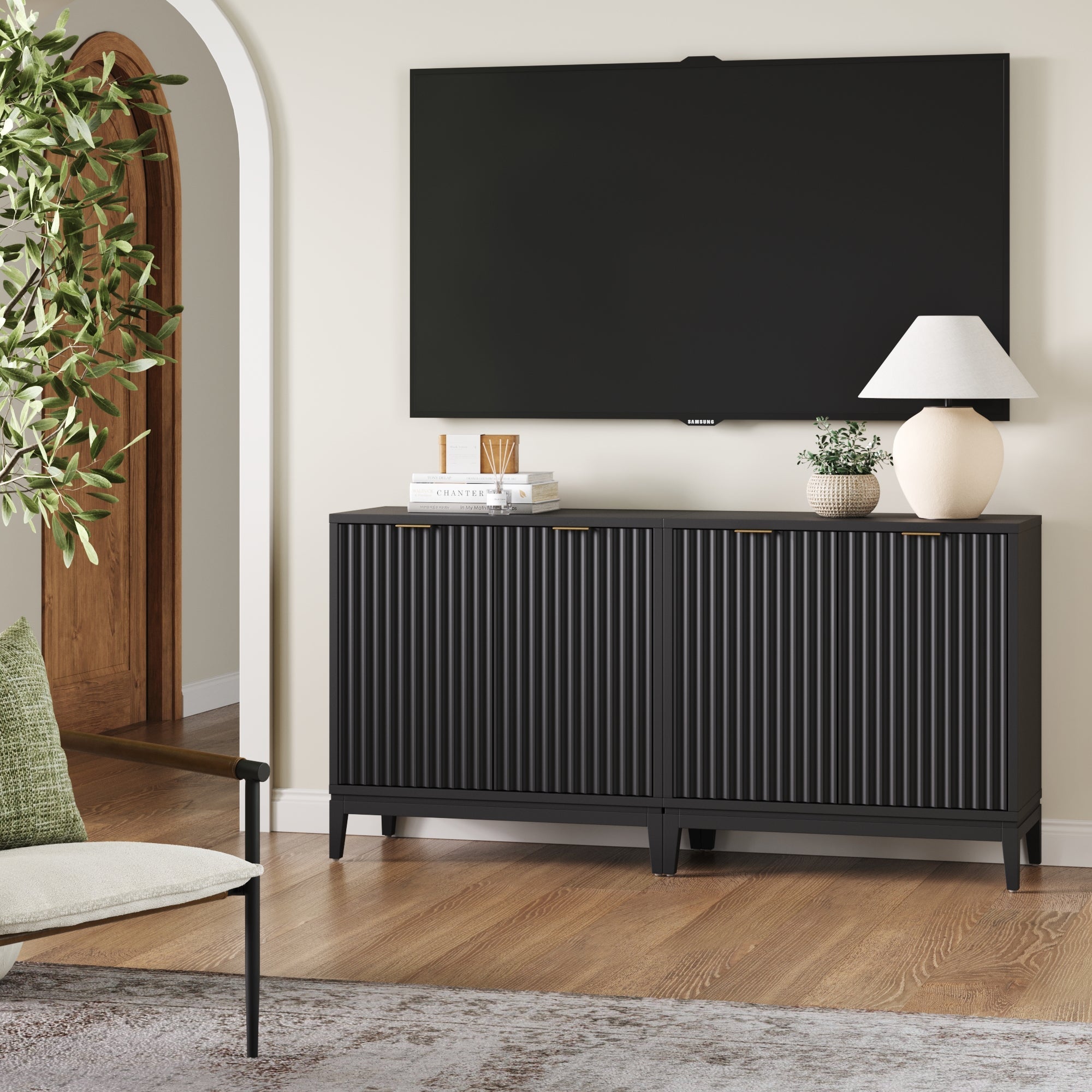 Meuble TV cannelé de style Mid-Century pour téléviseurs jusqu'à 65 pouces - Noir