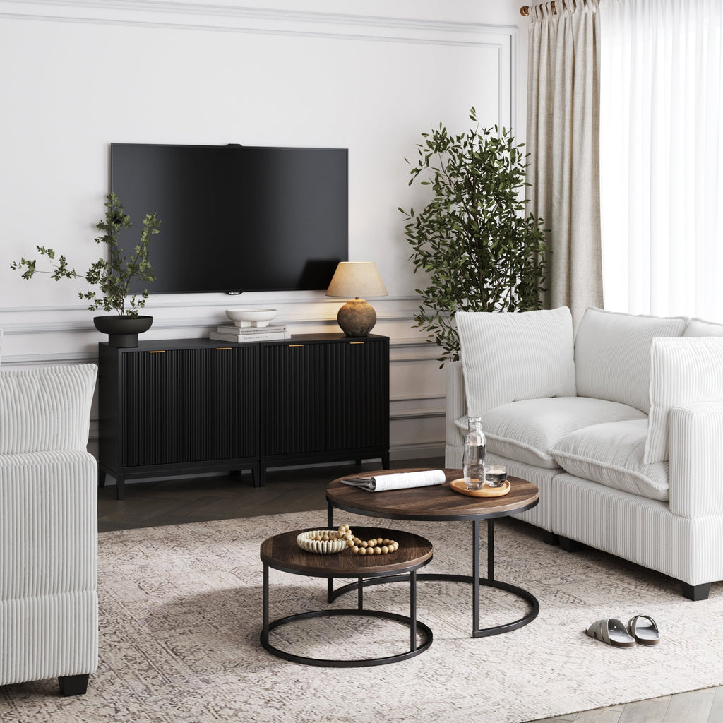 Meuble TV cannelé de style Mid-Century pour téléviseurs jusqu'à 65 pouces - Noir