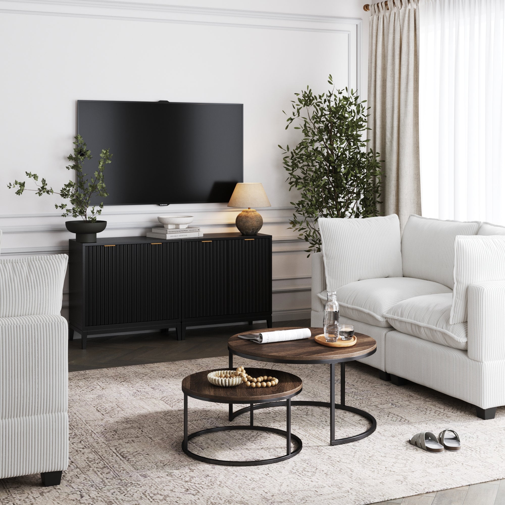 Meuble TV cannelé de style Mid-Century pour téléviseurs jusqu'à 65 pouces - Noir