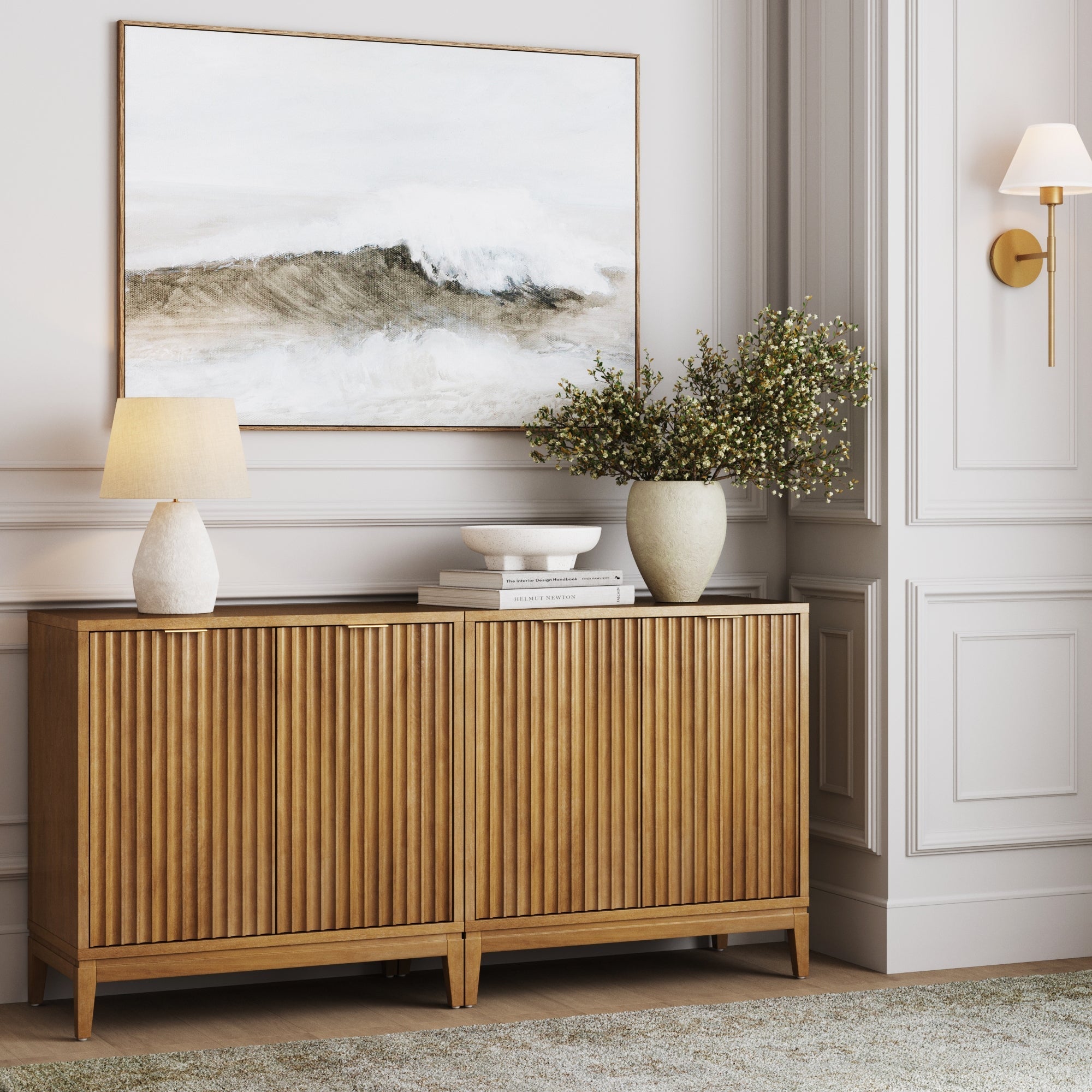 Meuble TV Mid-Century cannelé pour téléviseurs jusqu'à 65 po Brun clair