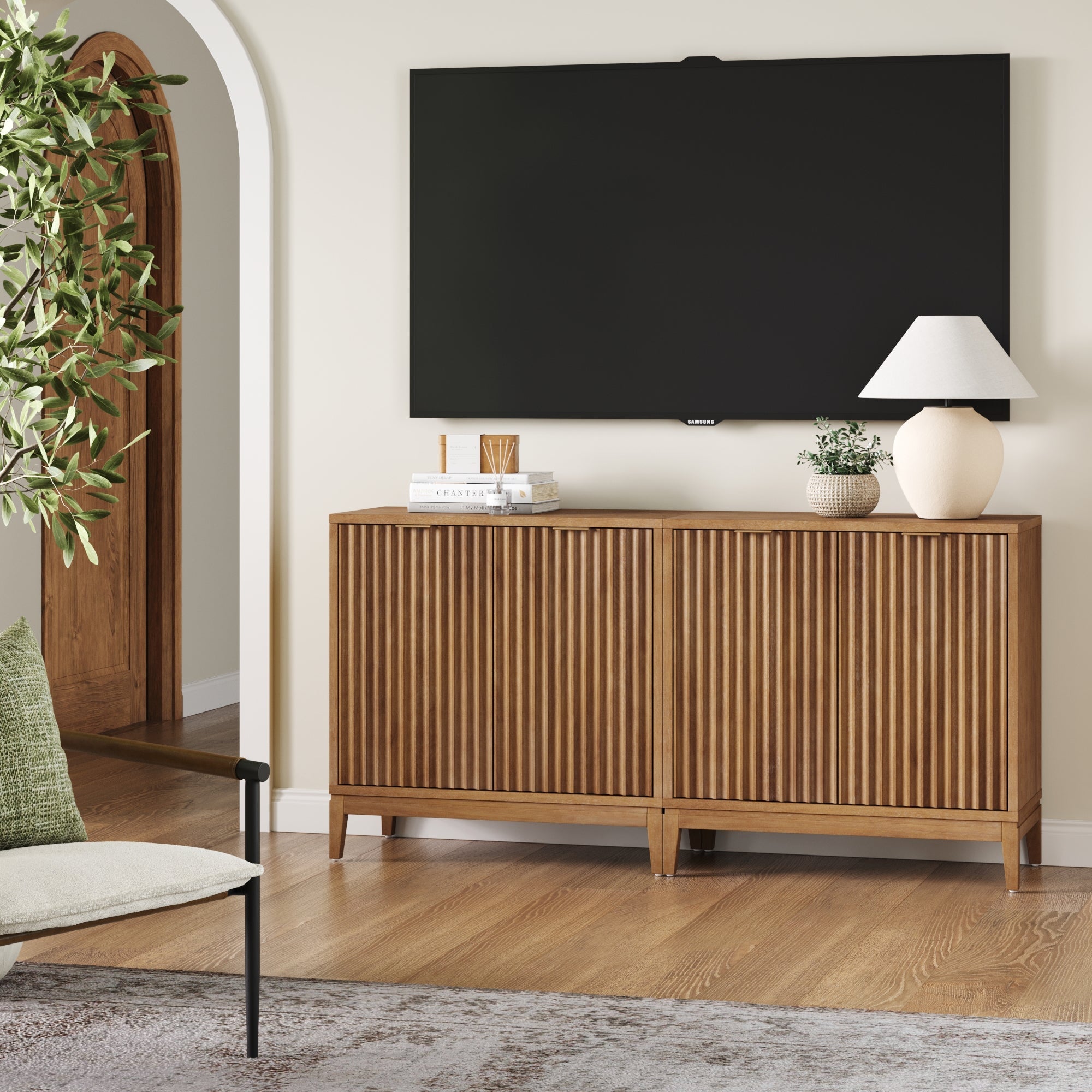 Meuble TV Mid-Century cannelé pour téléviseurs jusqu'à 65 po Brun clair