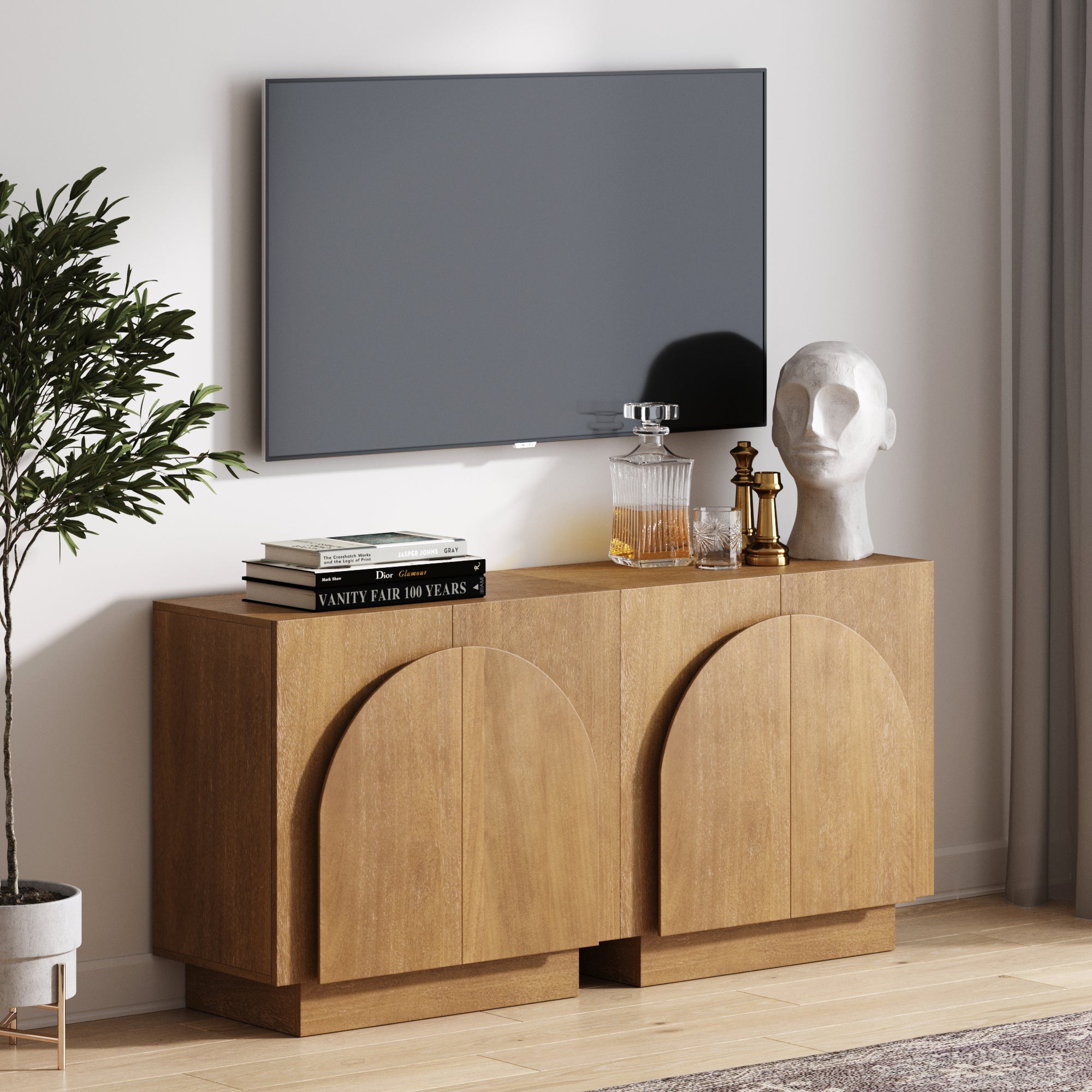 Meuble TV en bois cintré pour téléviseurs jusqu'à 65 pouces, marron clair