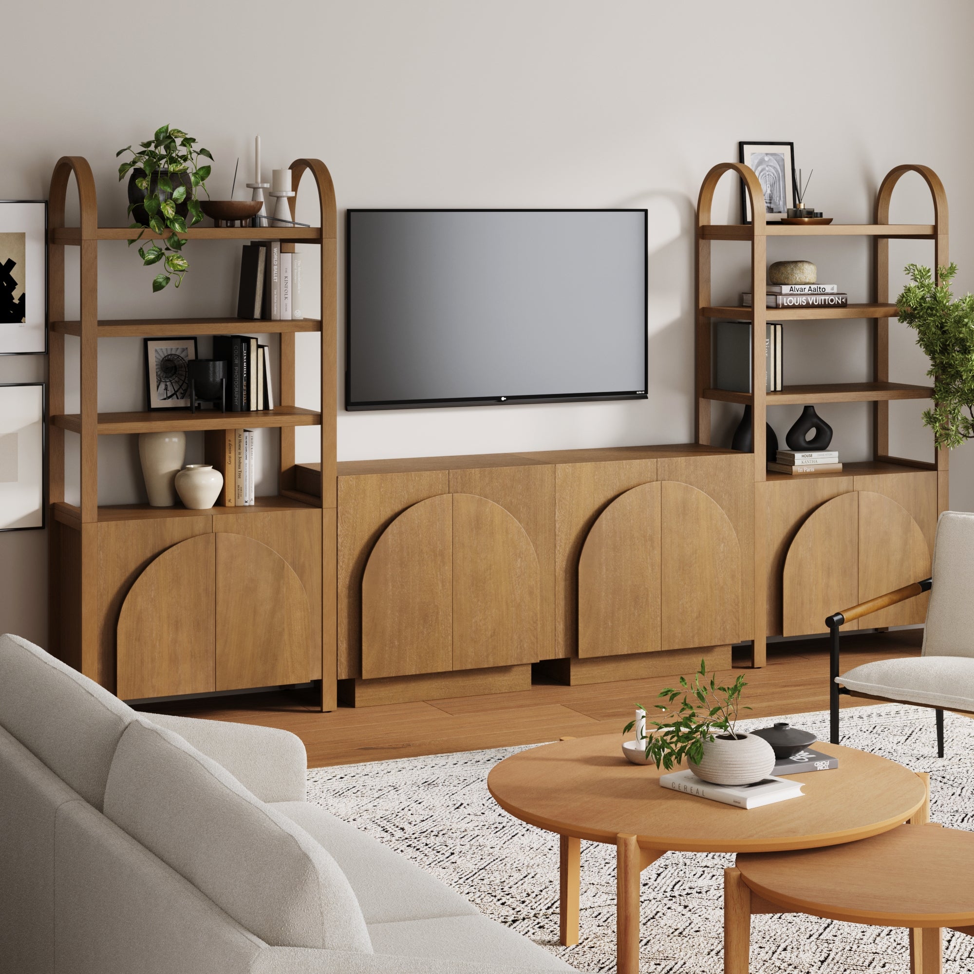 Meuble TV cintré brun clair de style Mid-Century