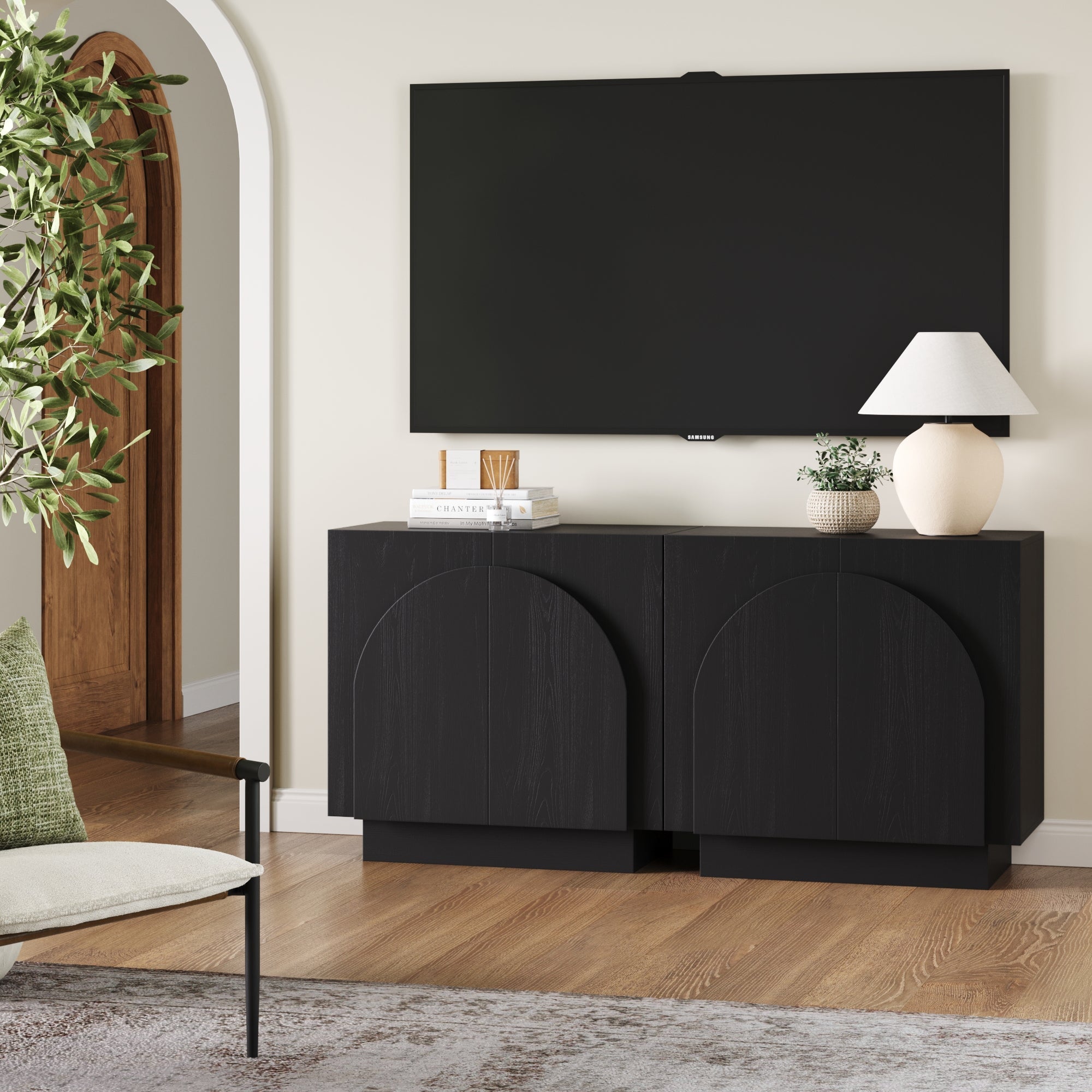 Meuble TV console en bois arqué pour téléviseurs jusqu'à 65 po Noir