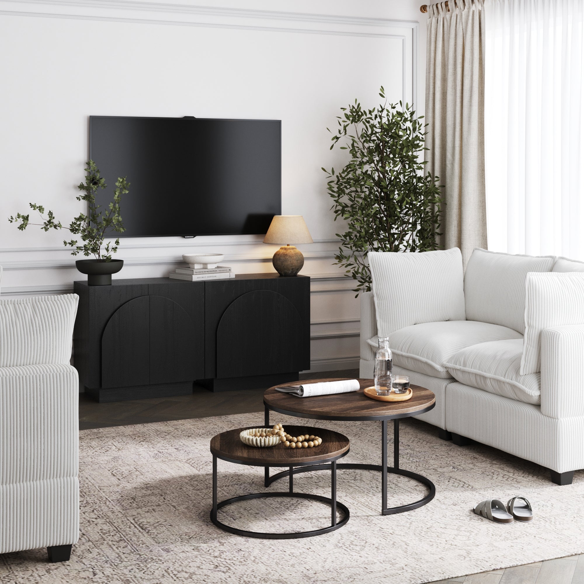 Meuble TV console en bois arqué pour téléviseurs jusqu'à 65 po Noir