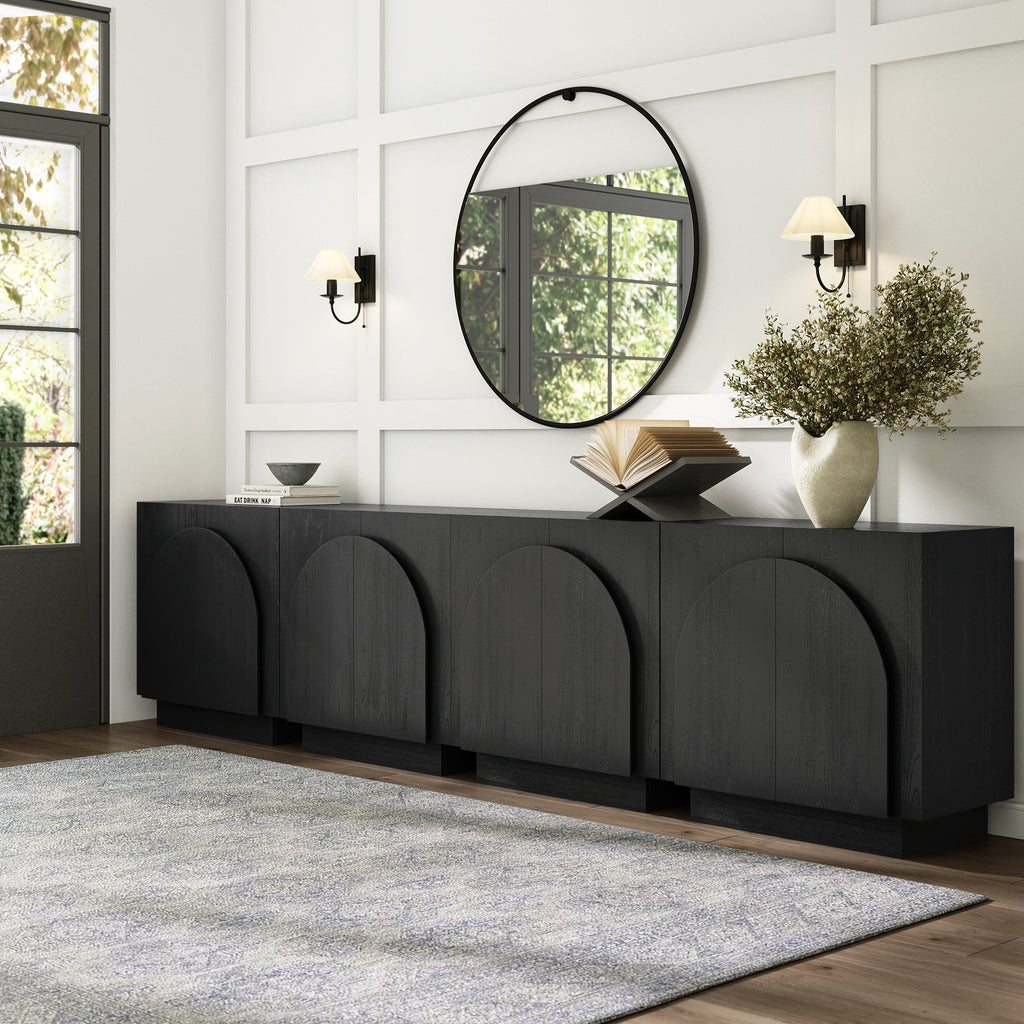 Meuble TV console cintré en bois pour téléviseurs jusqu'à 100 po, noir
