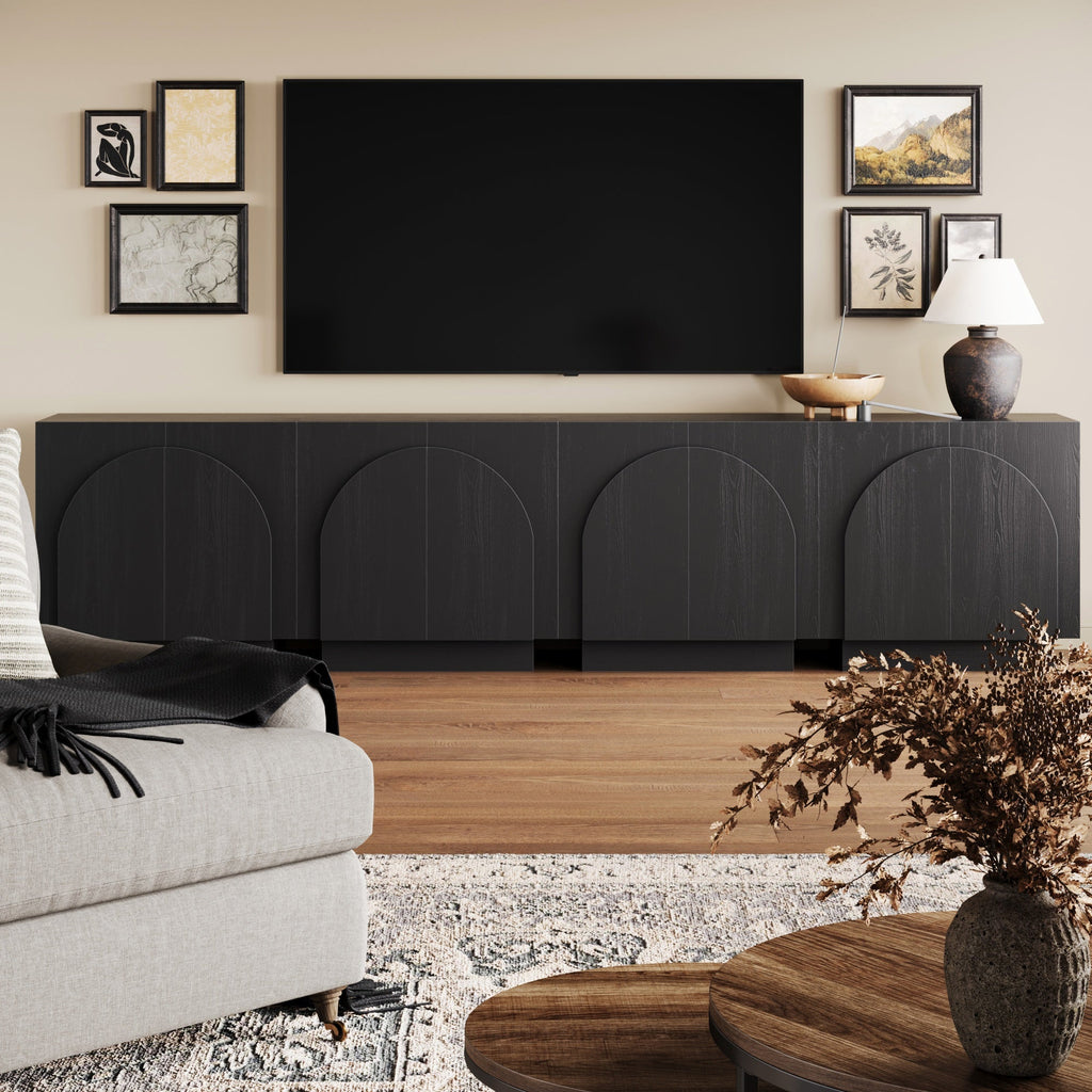 Meuble TV console cintré en bois pour téléviseurs jusqu'à 100 po, noir