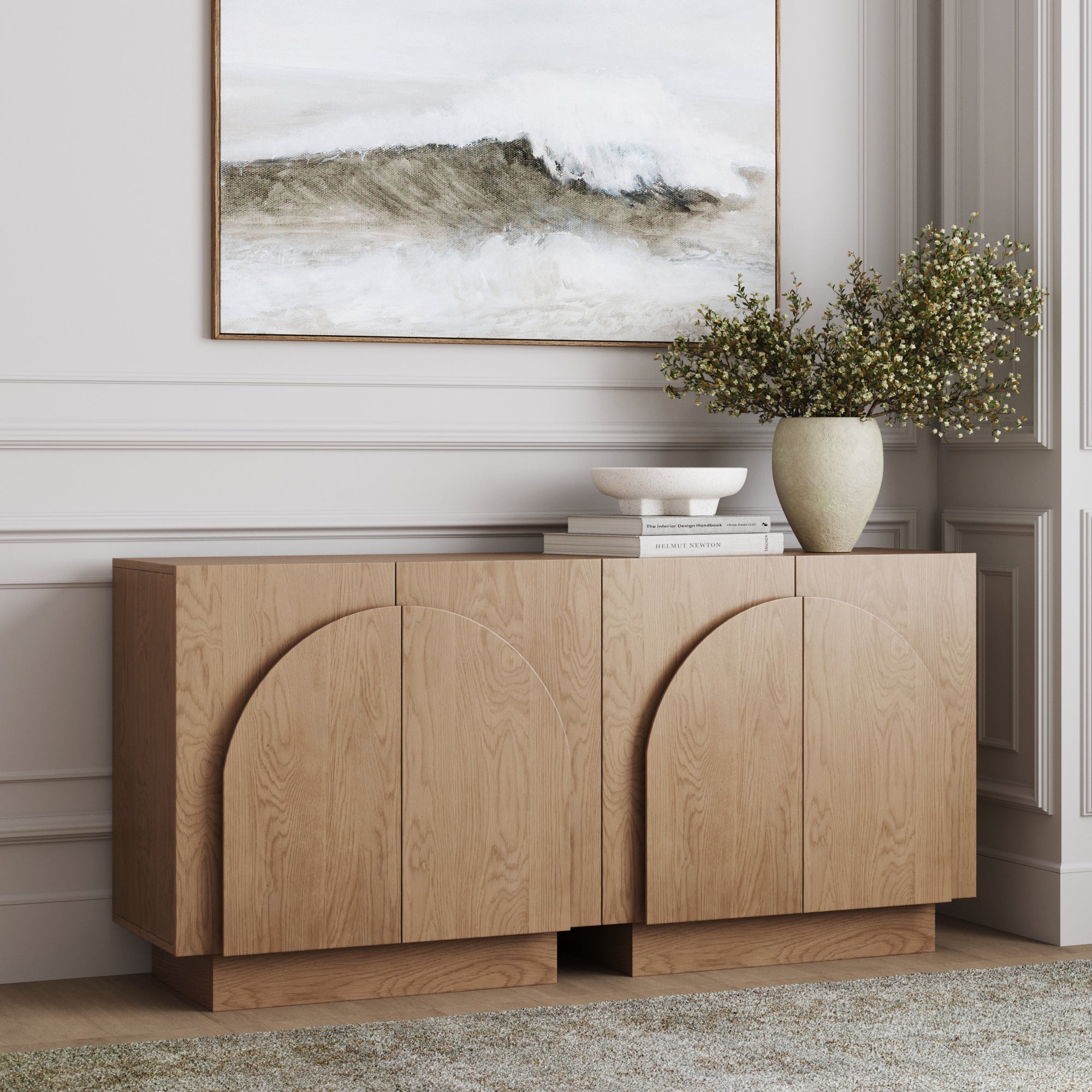 Meuble TV en bois cintré pour téléviseurs jusqu'à 65 po Chêne