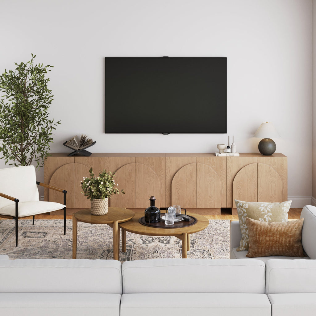 Meuble TV voûté en bois pour téléviseurs jusqu'à 100 po, chêne