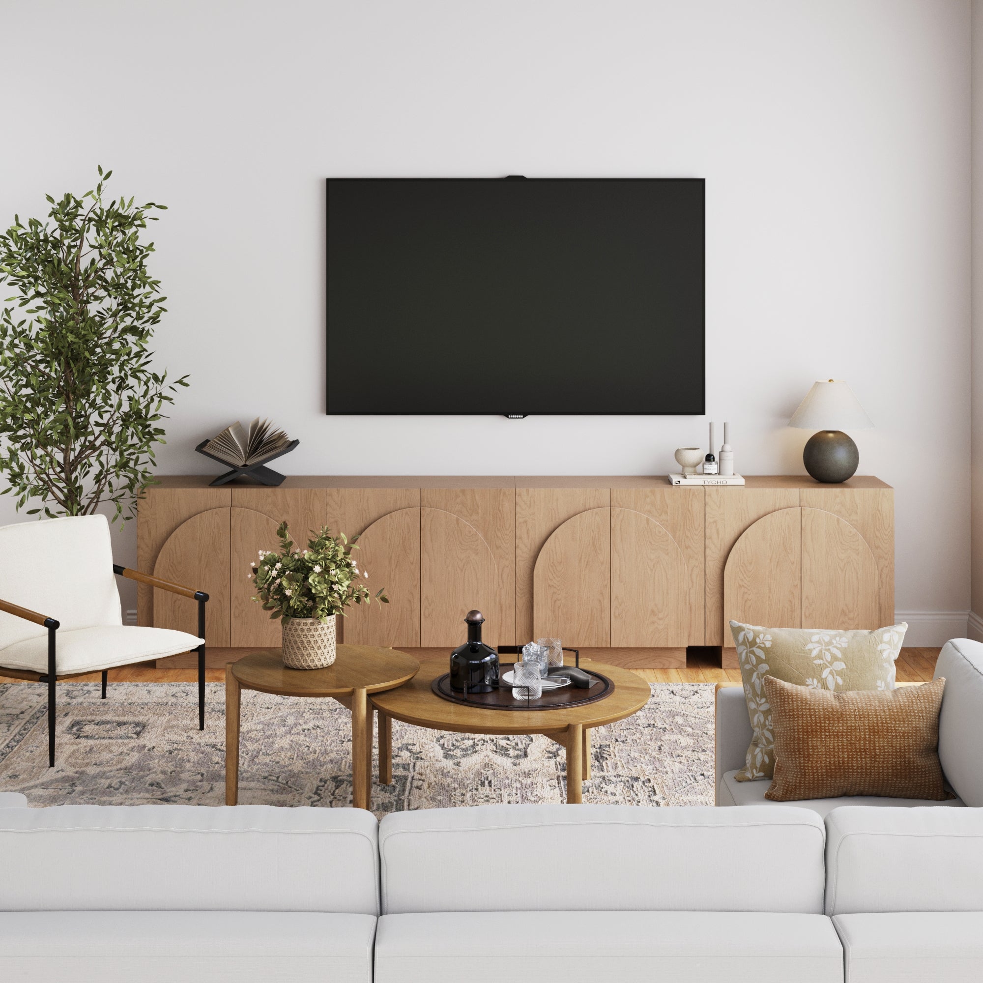 Meuble TV voûté en bois pour téléviseurs jusqu'à 100 po, chêne