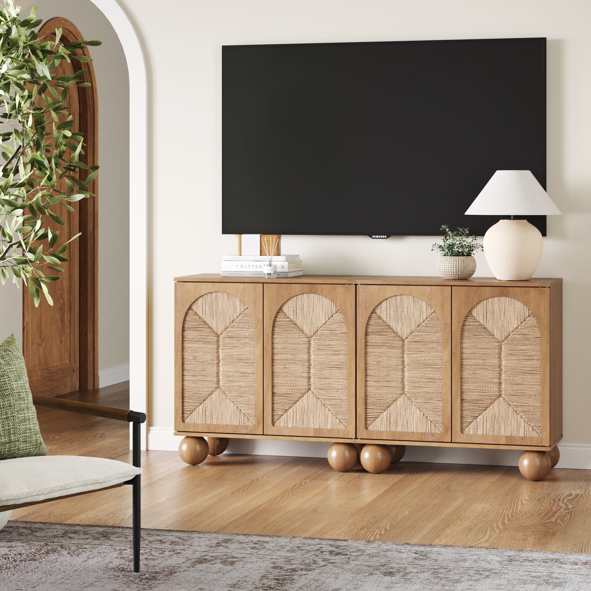 Meuble TV Seagrass Arched pour téléviseurs jusqu'à 65 pouces, marron clair