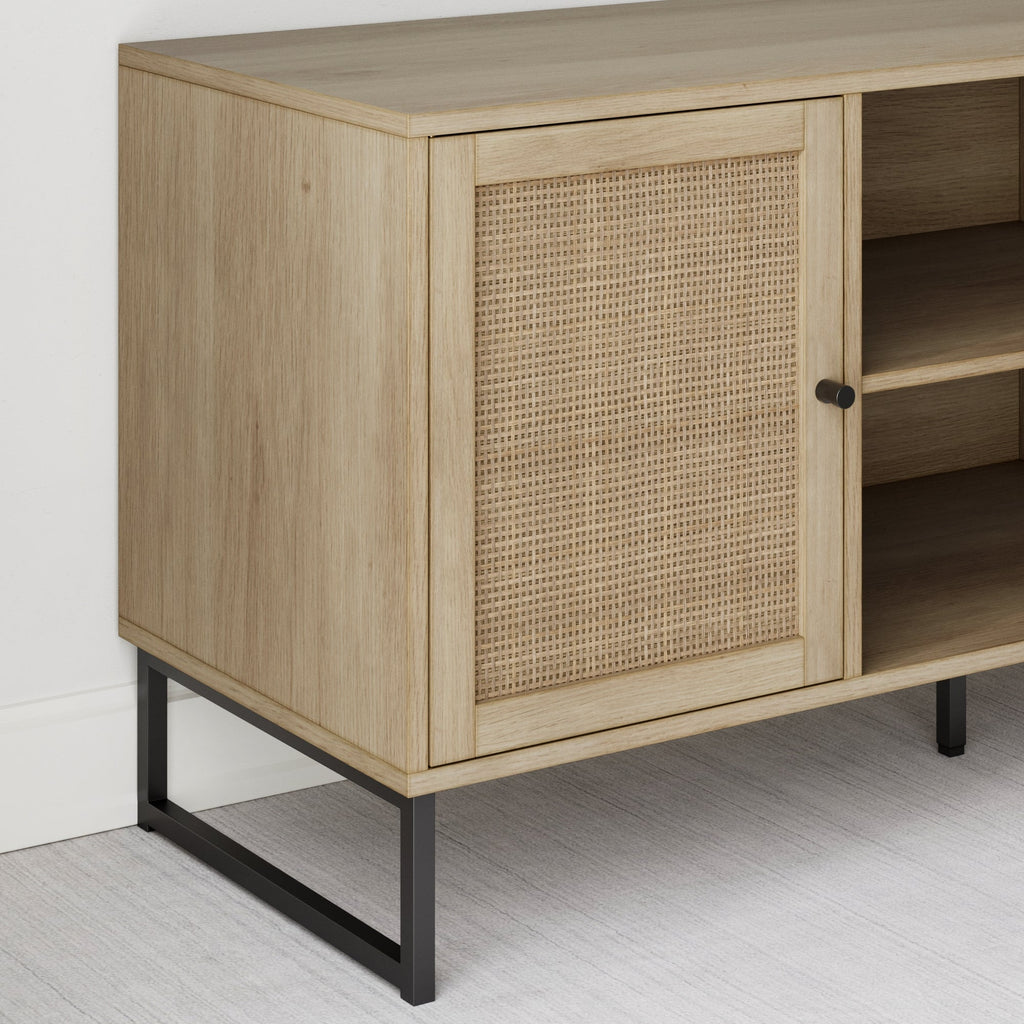 Meuble TV 2 portes en rotin et bois, chêne clair