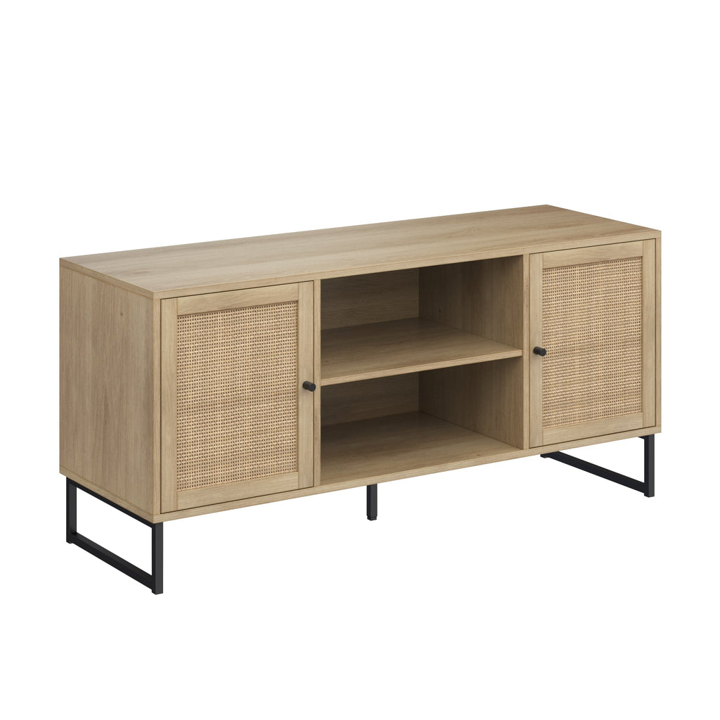 Meuble TV 2 portes en rotin et bois, chêne clair
