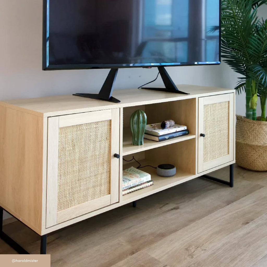 Meuble TV 2 portes en rotin et bois, chêne clair