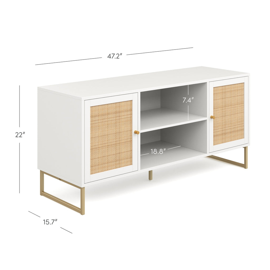 Meuble TV 2 portes en rotin et bois blanc