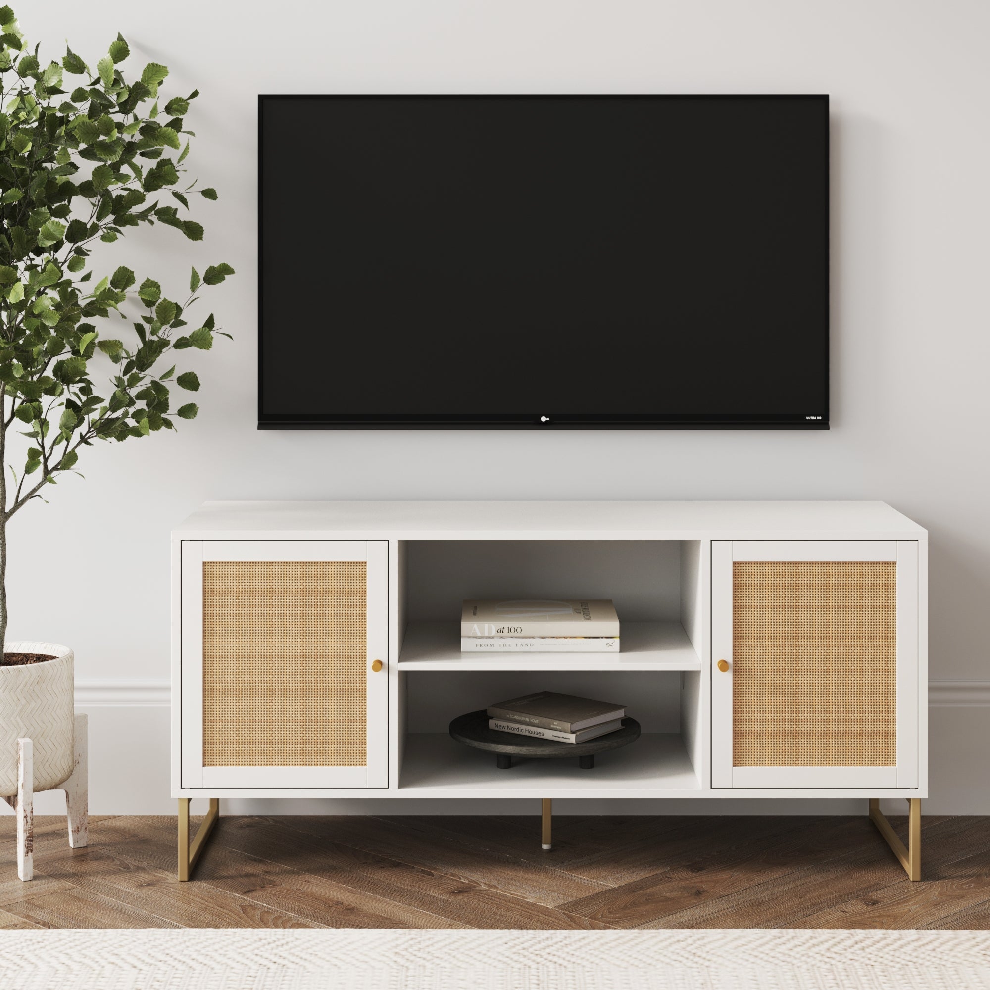 Meuble TV 2 portes en rotin et bois blanc