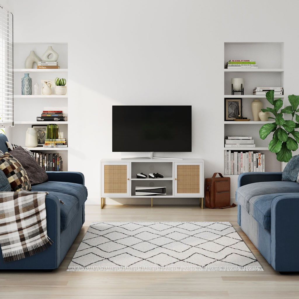 Meuble TV 2 portes en rotin et bois blanc