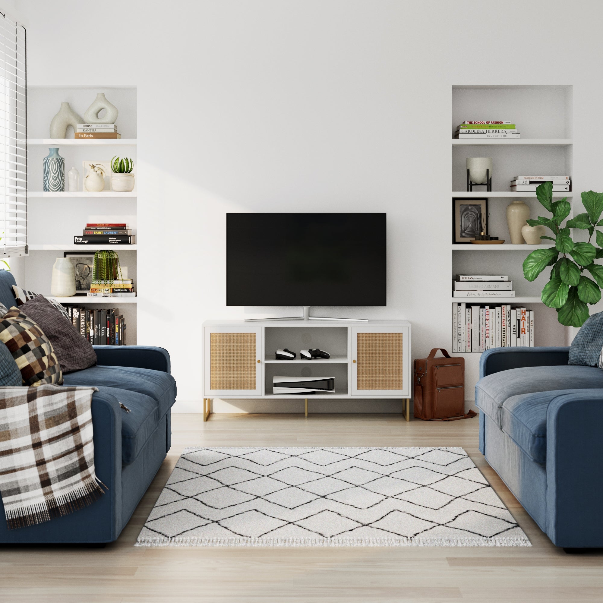 Meuble TV 2 portes en rotin et bois blanc
