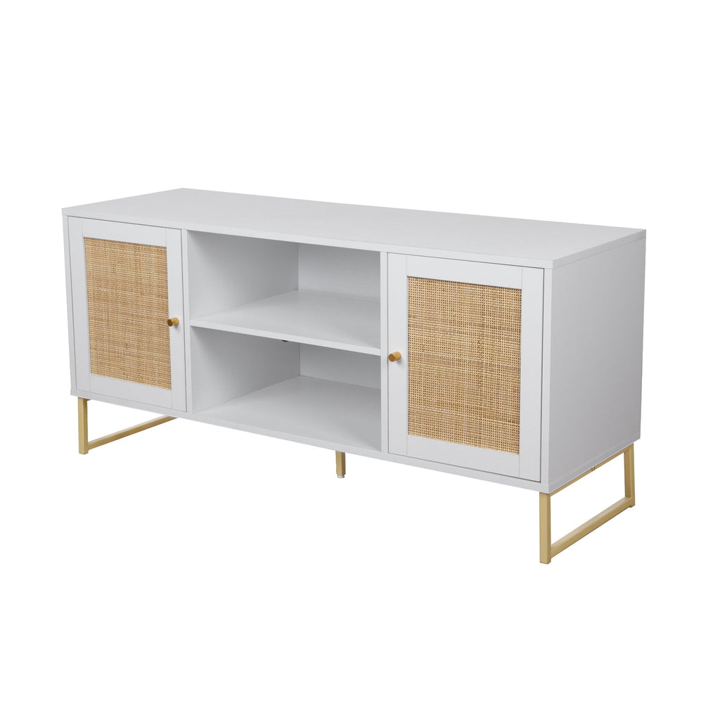 Meuble TV 2 portes en rotin et bois blanc