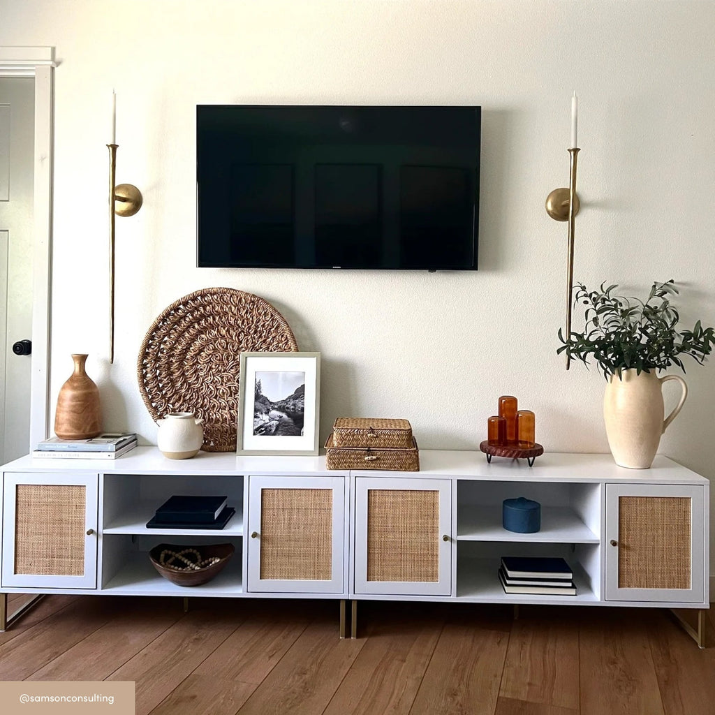 Meuble TV 2 portes en rotin et bois blanc