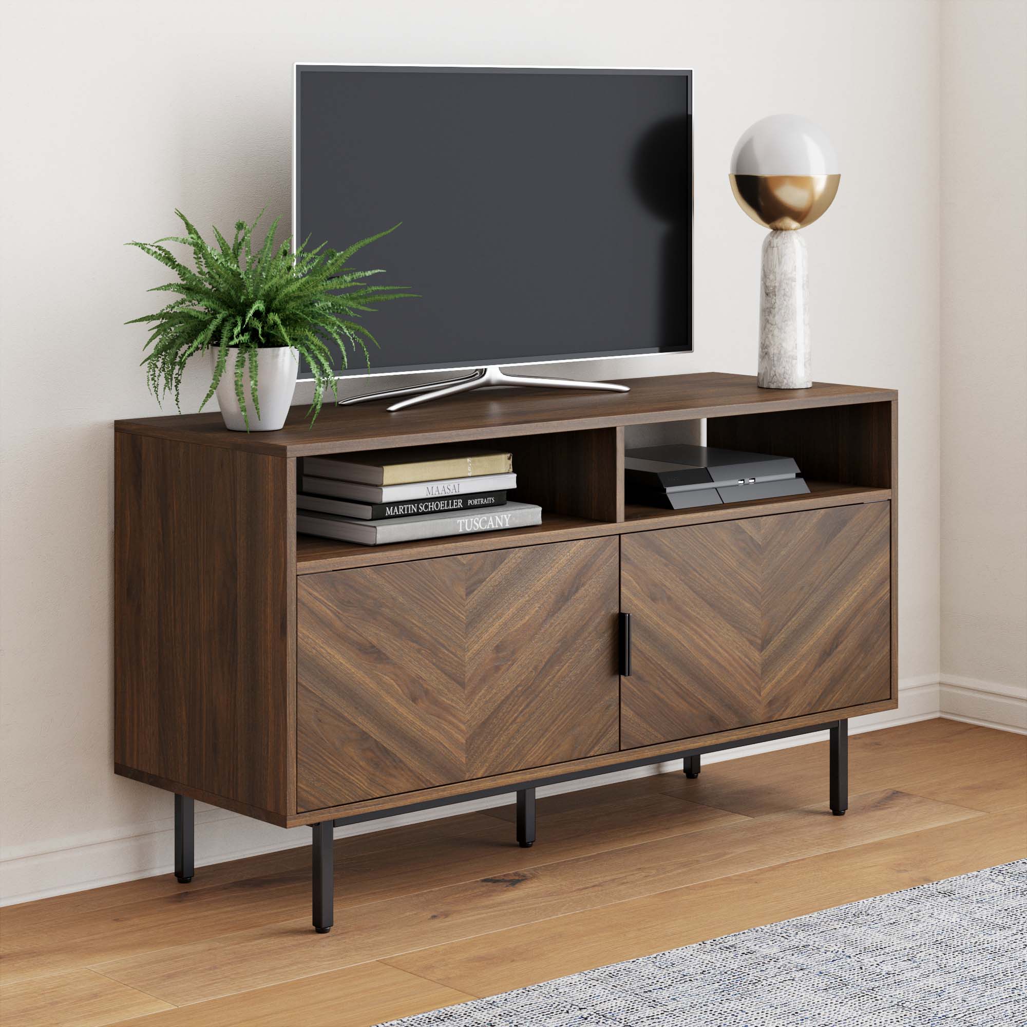 Meuble TV en bois à chevrons Noyer
