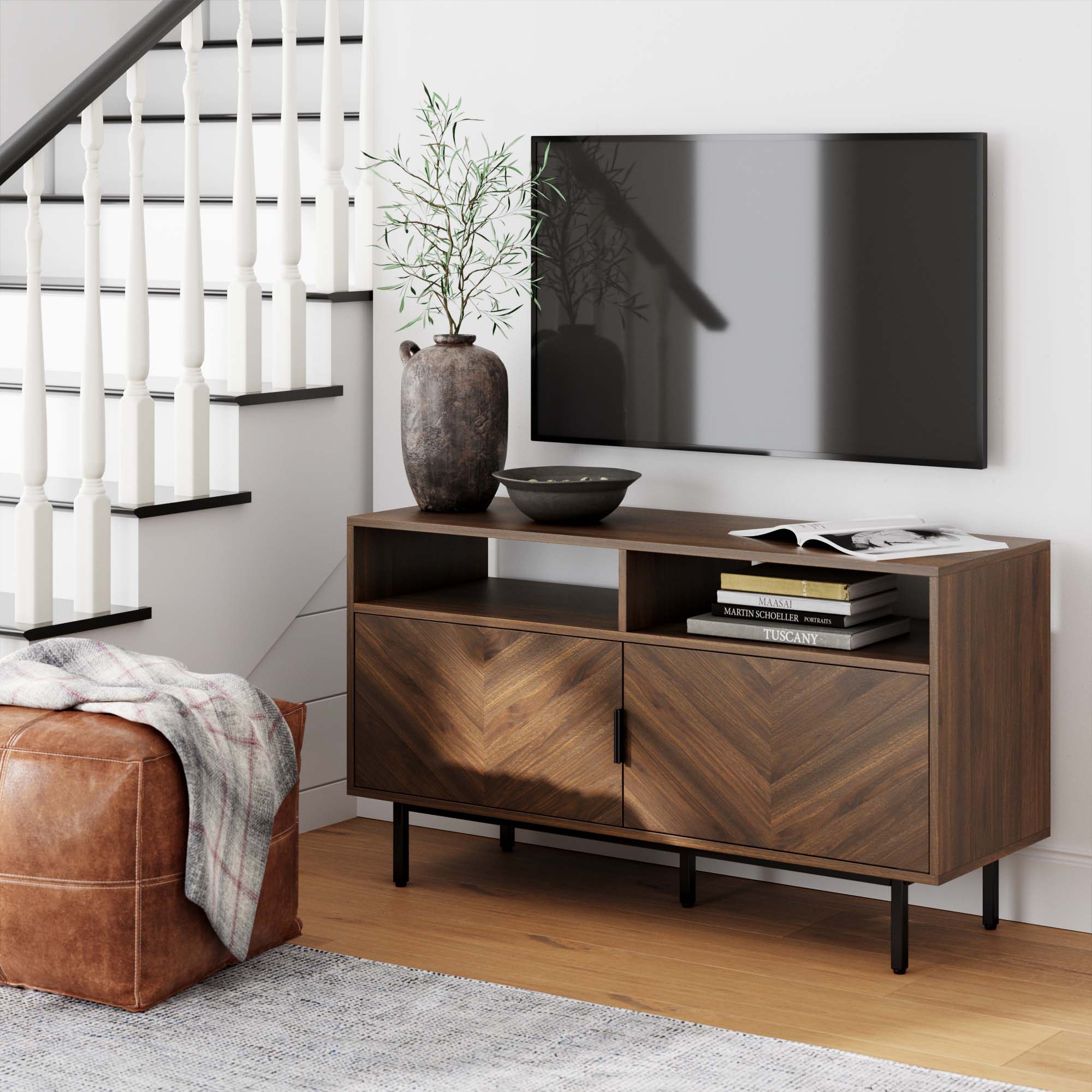 Meuble TV en bois à chevrons Noyer