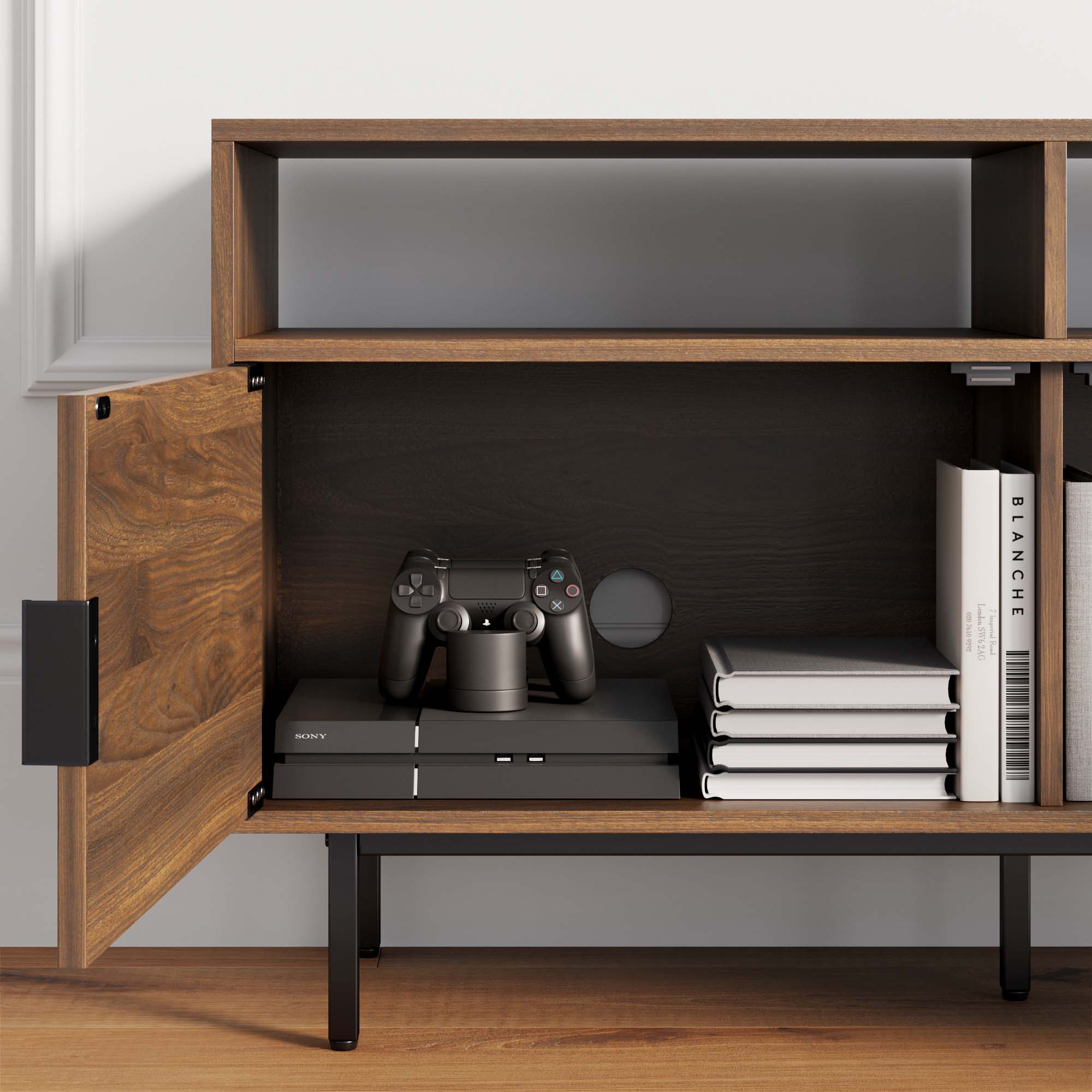 Meuble TV en bois à chevrons Noyer