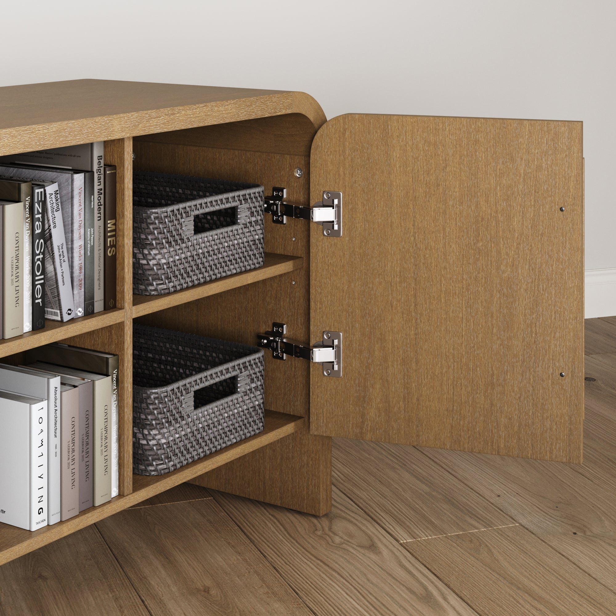 Meuble TV ou console média en chêne clair cintré