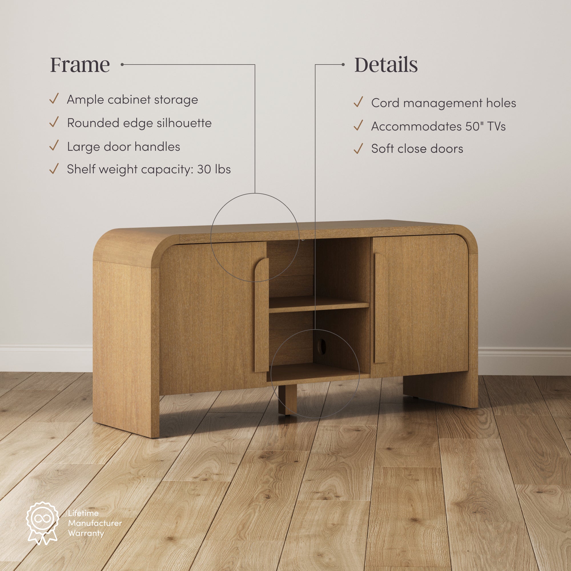 Meuble TV ou console média en chêne clair cintré